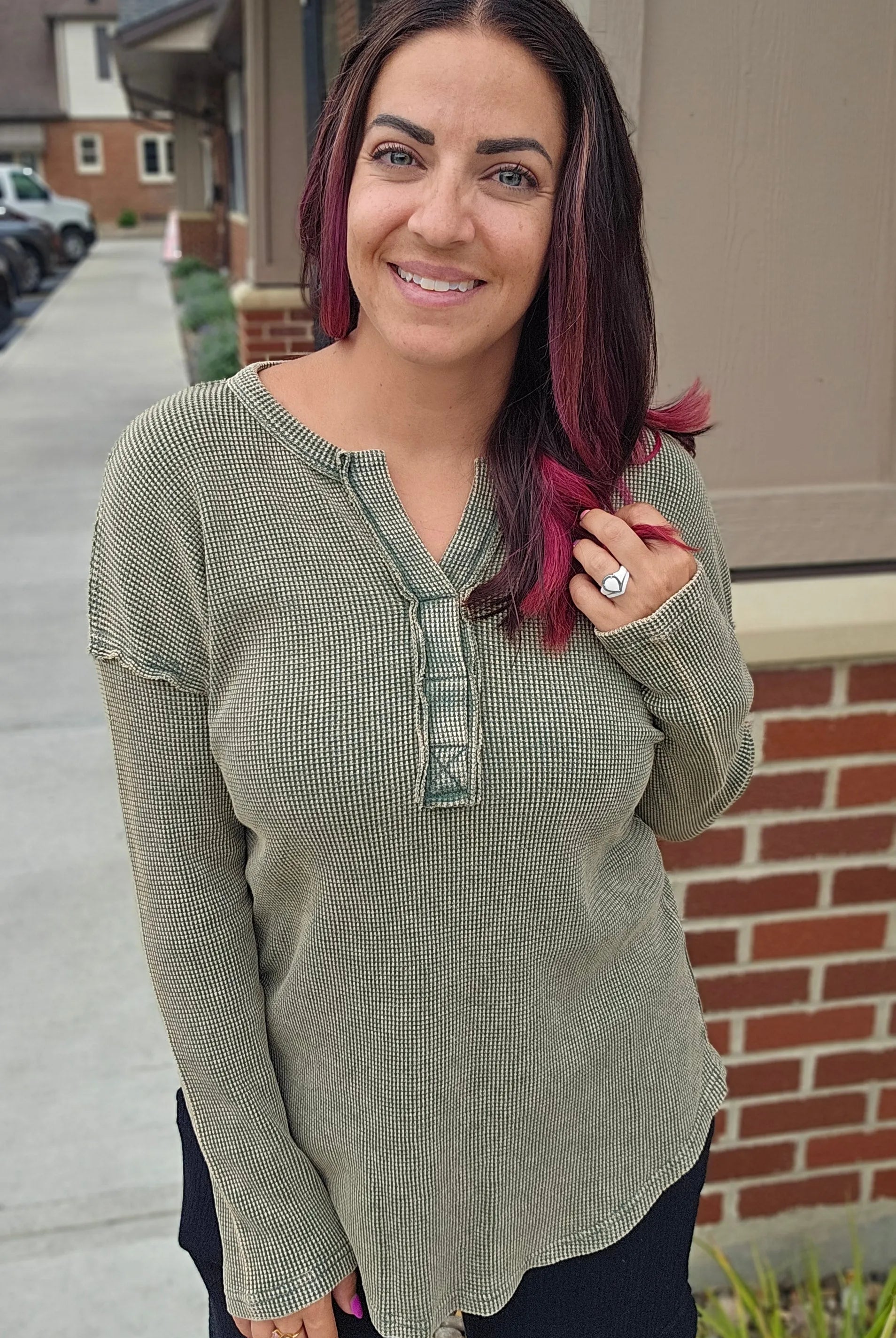 Shop Kori Mineral Wash Thermal - Chive- at Ruby Joy Boutique, a Women's Clothing Store in Pickerington, Ohio