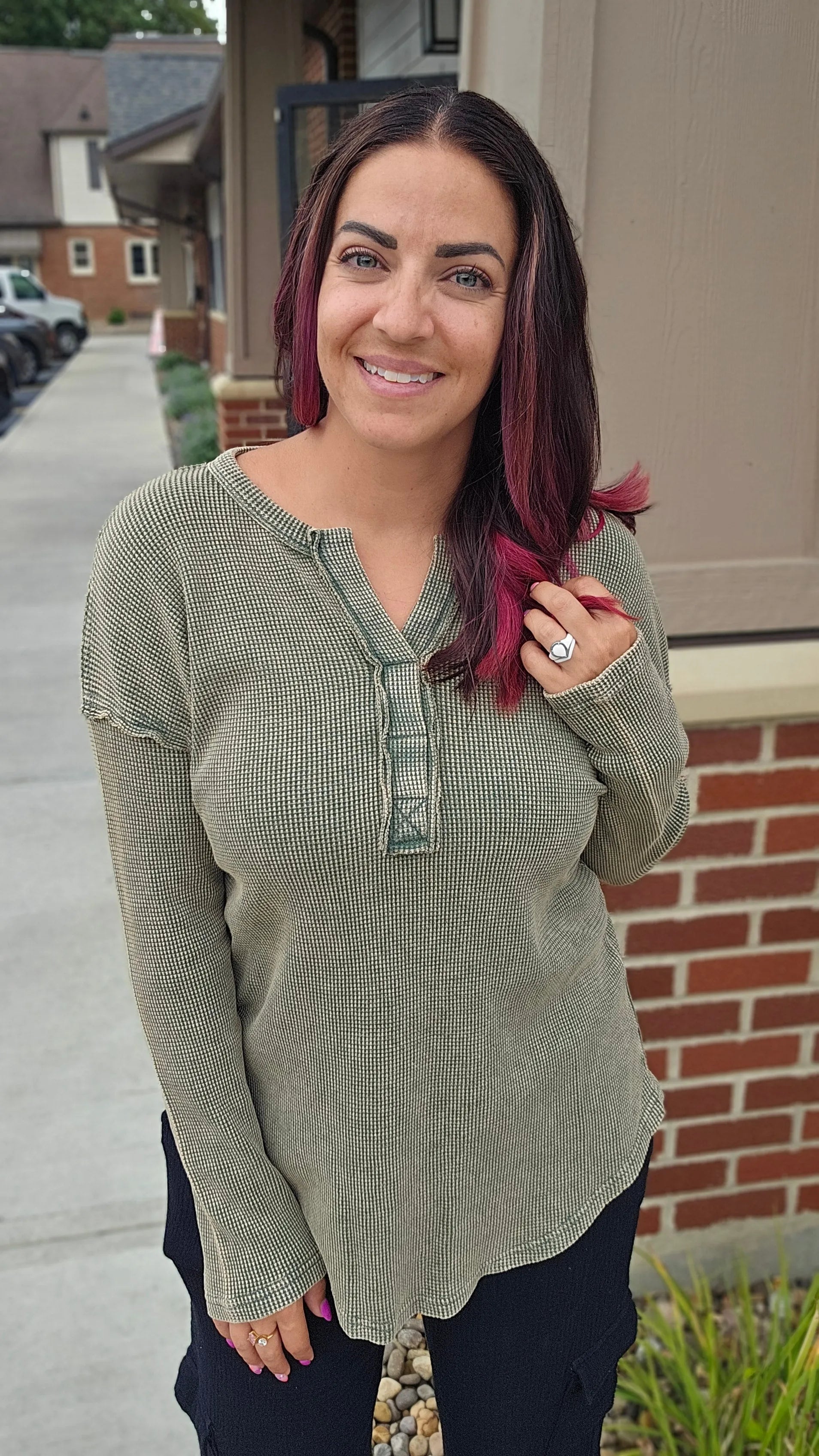 Shop Kori Mineral Wash Thermal - Chive- at Ruby Joy Boutique, a Women's Clothing Store in Pickerington, Ohio