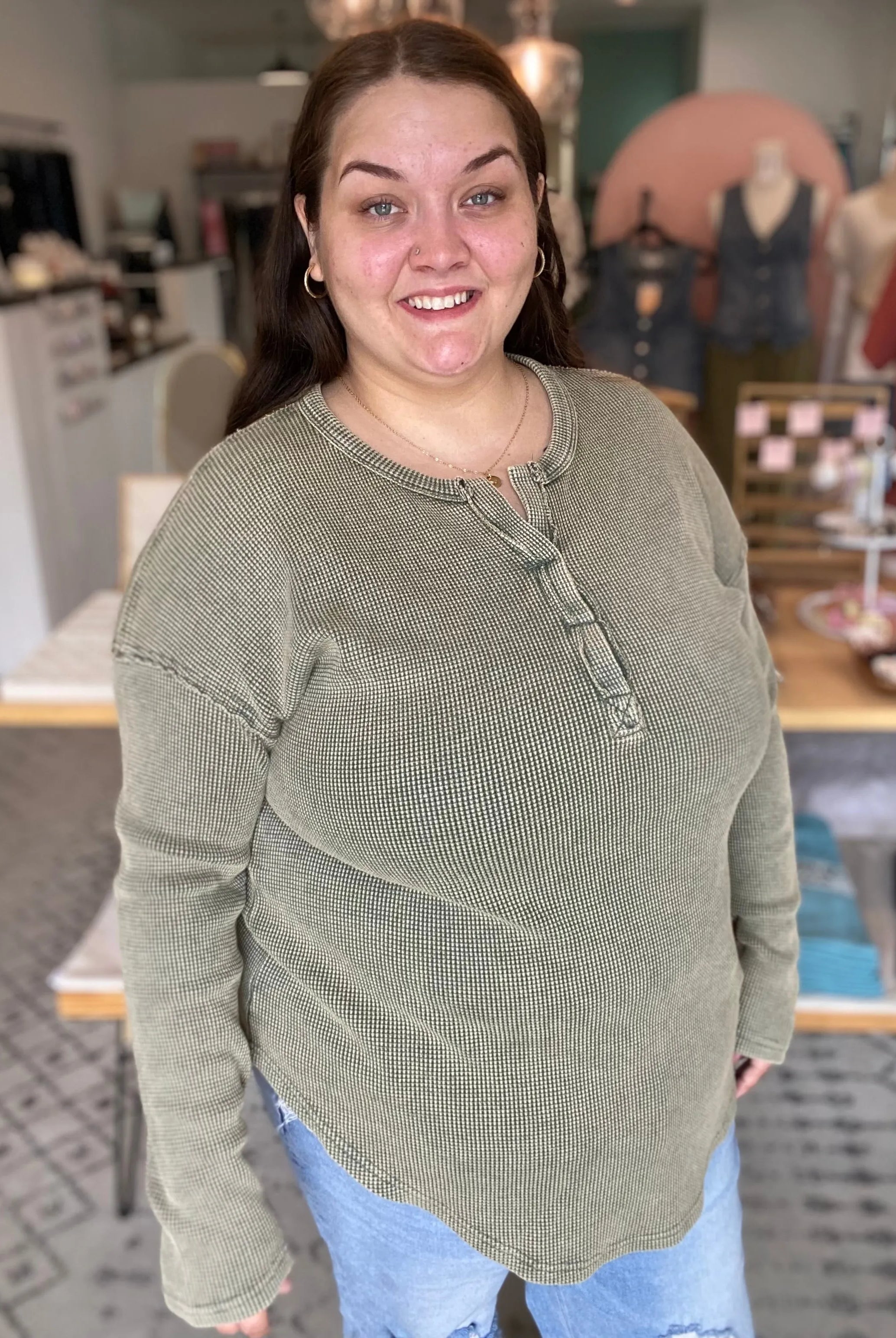 Shop Kori Mineral Wash Thermal - Chive- at Ruby Joy Boutique, a Women's Clothing Store in Pickerington, Ohio