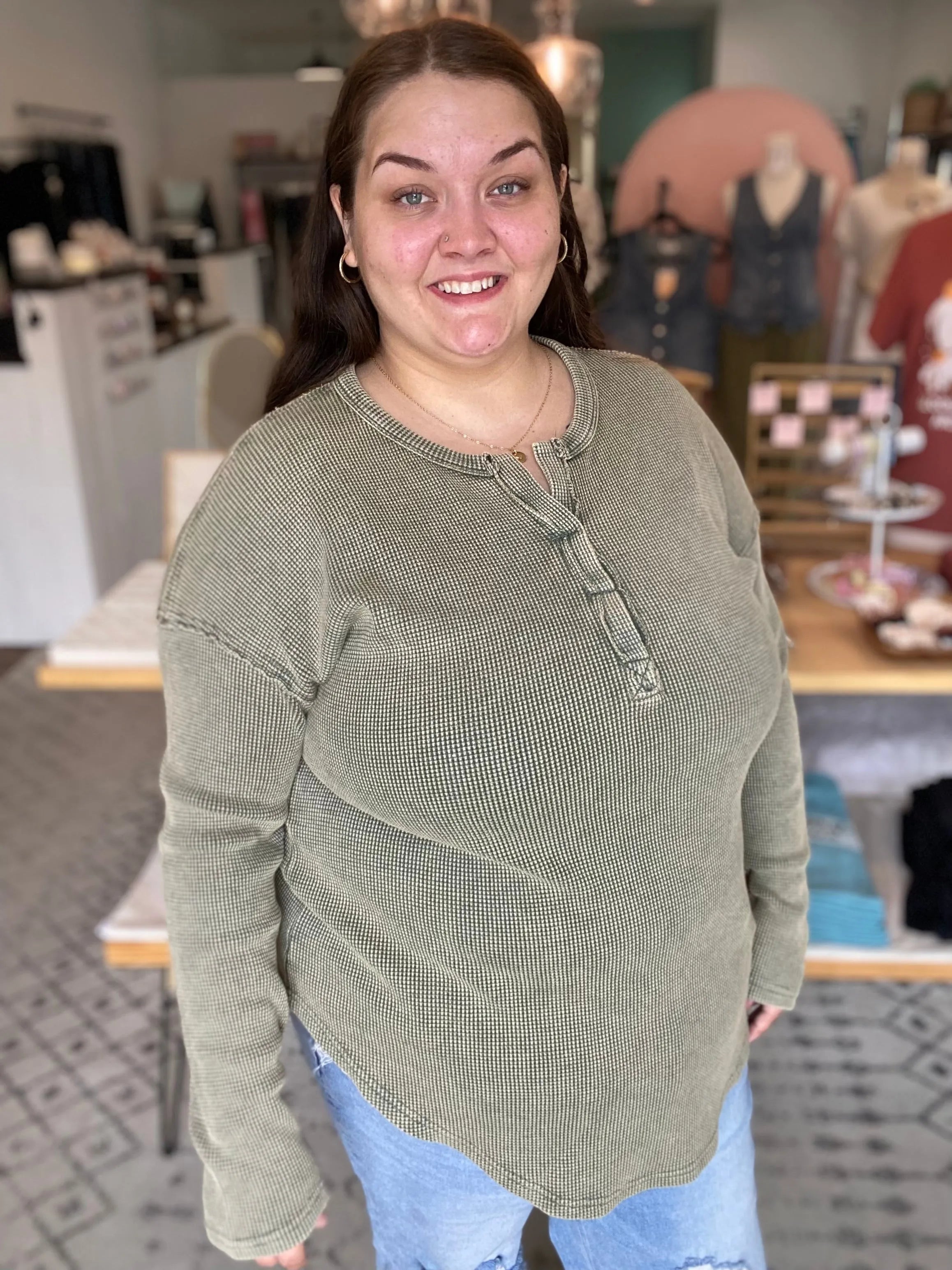 Shop Kori Mineral Wash Thermal - Chive- at Ruby Joy Boutique, a Women's Clothing Store in Pickerington, Ohio