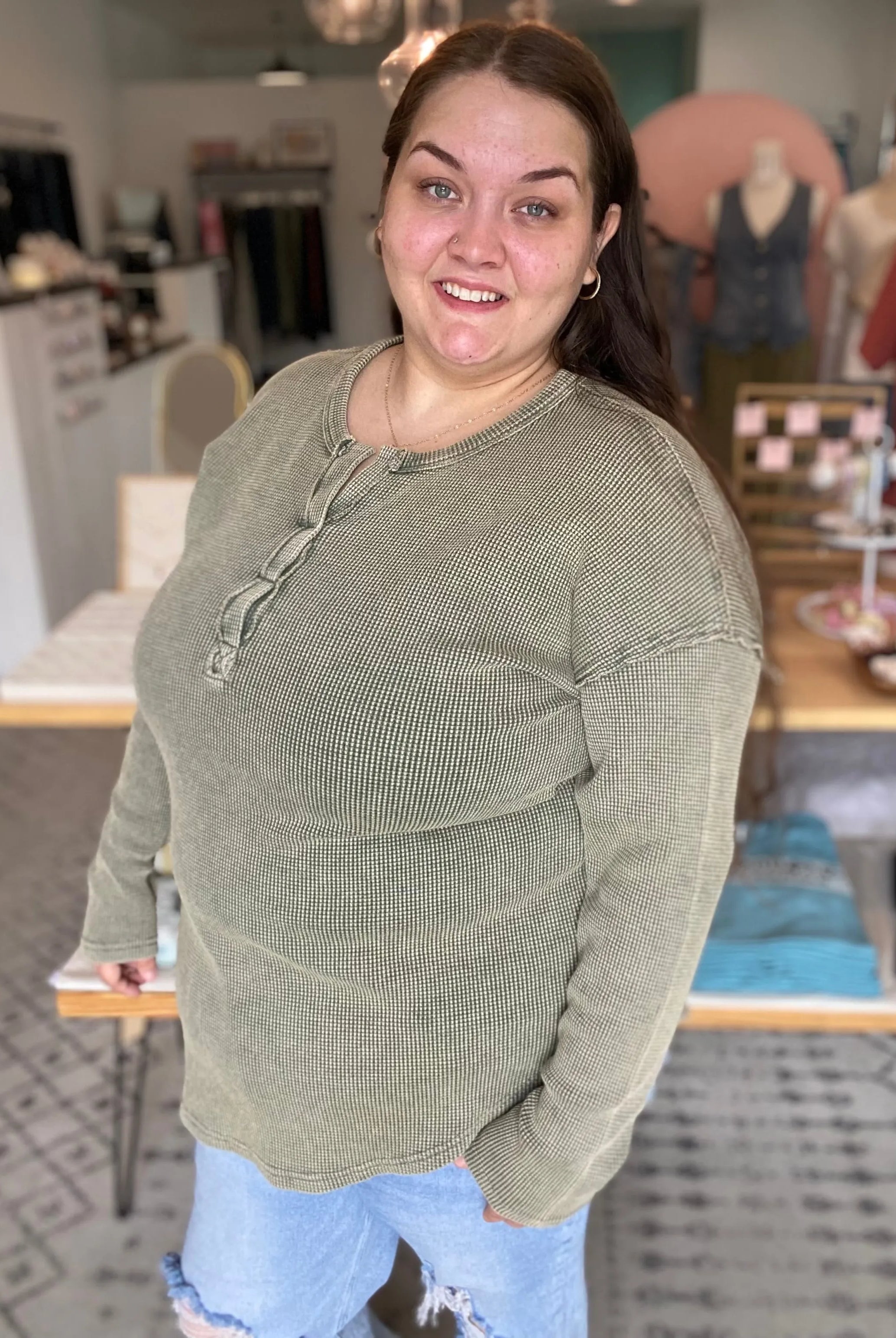 Shop Kori Mineral Wash Thermal - Chive- at Ruby Joy Boutique, a Women's Clothing Store in Pickerington, Ohio