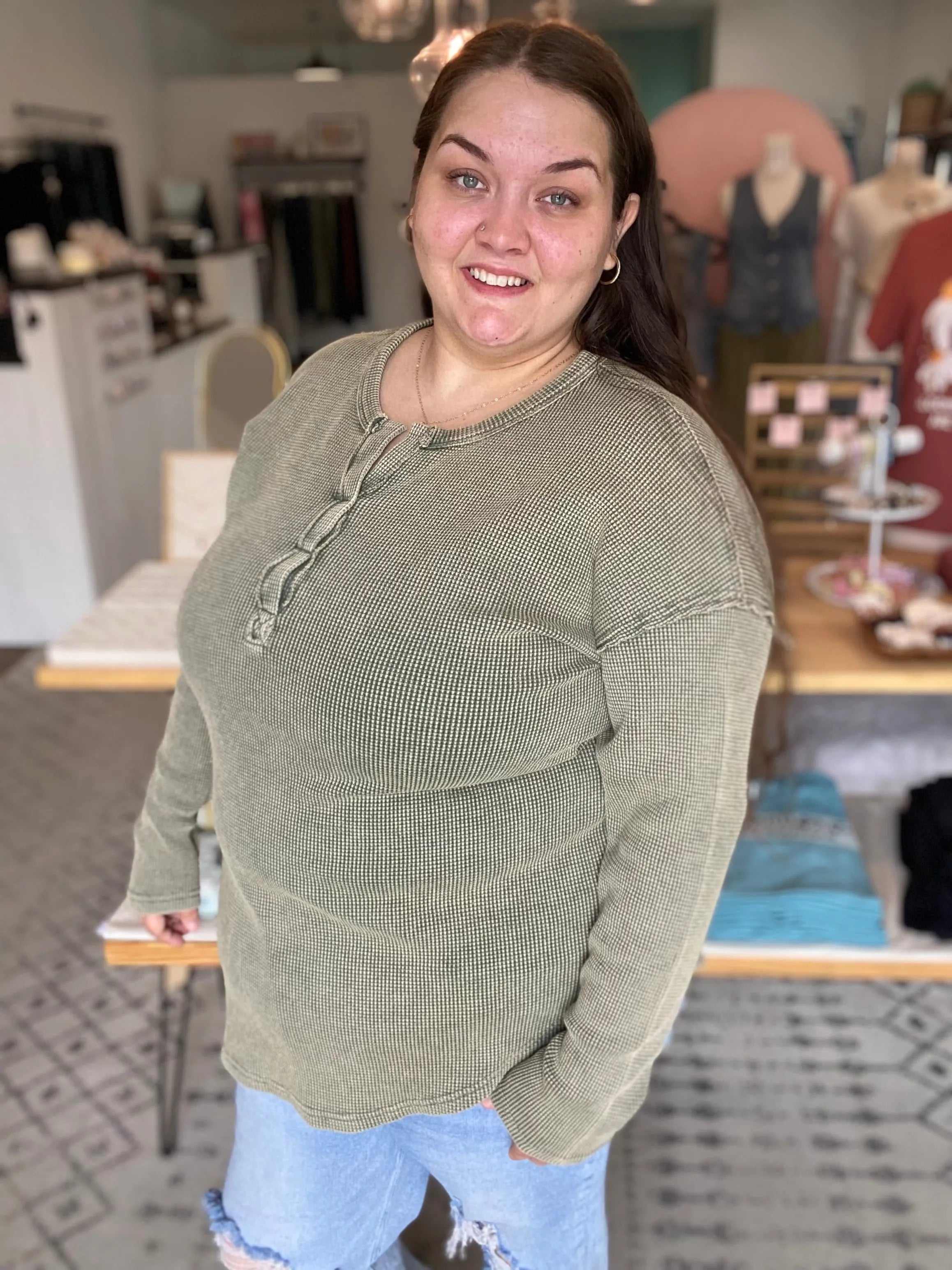 Shop Kori Mineral Wash Thermal - Chive- at Ruby Joy Boutique, a Women's Clothing Store in Pickerington, Ohio