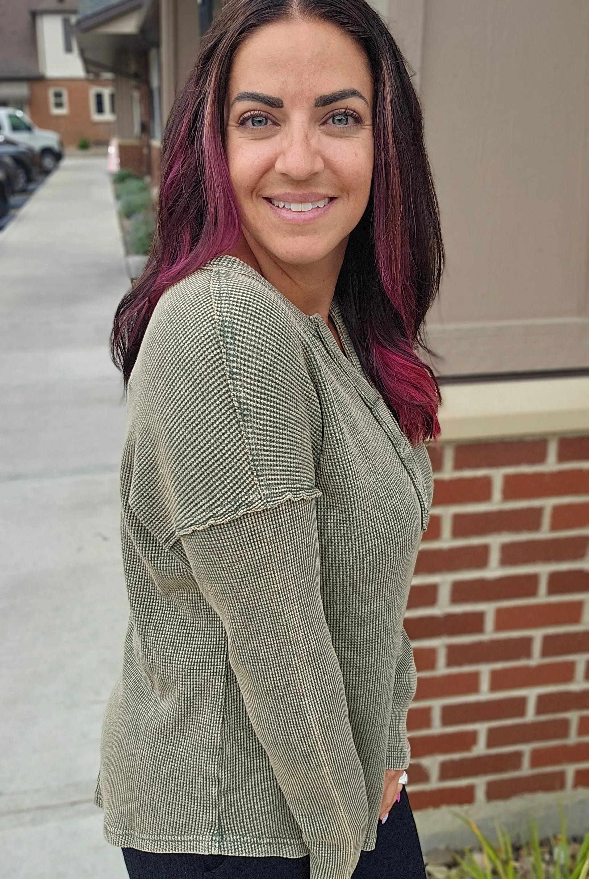 Shop Kori Mineral Wash Thermal - Chive- at Ruby Joy Boutique, a Women's Clothing Store in Pickerington, Ohio