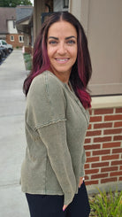 Shop Kori Mineral Wash Thermal - Chive- at Ruby Joy Boutique, a Women's Clothing Store in Pickerington, Ohio