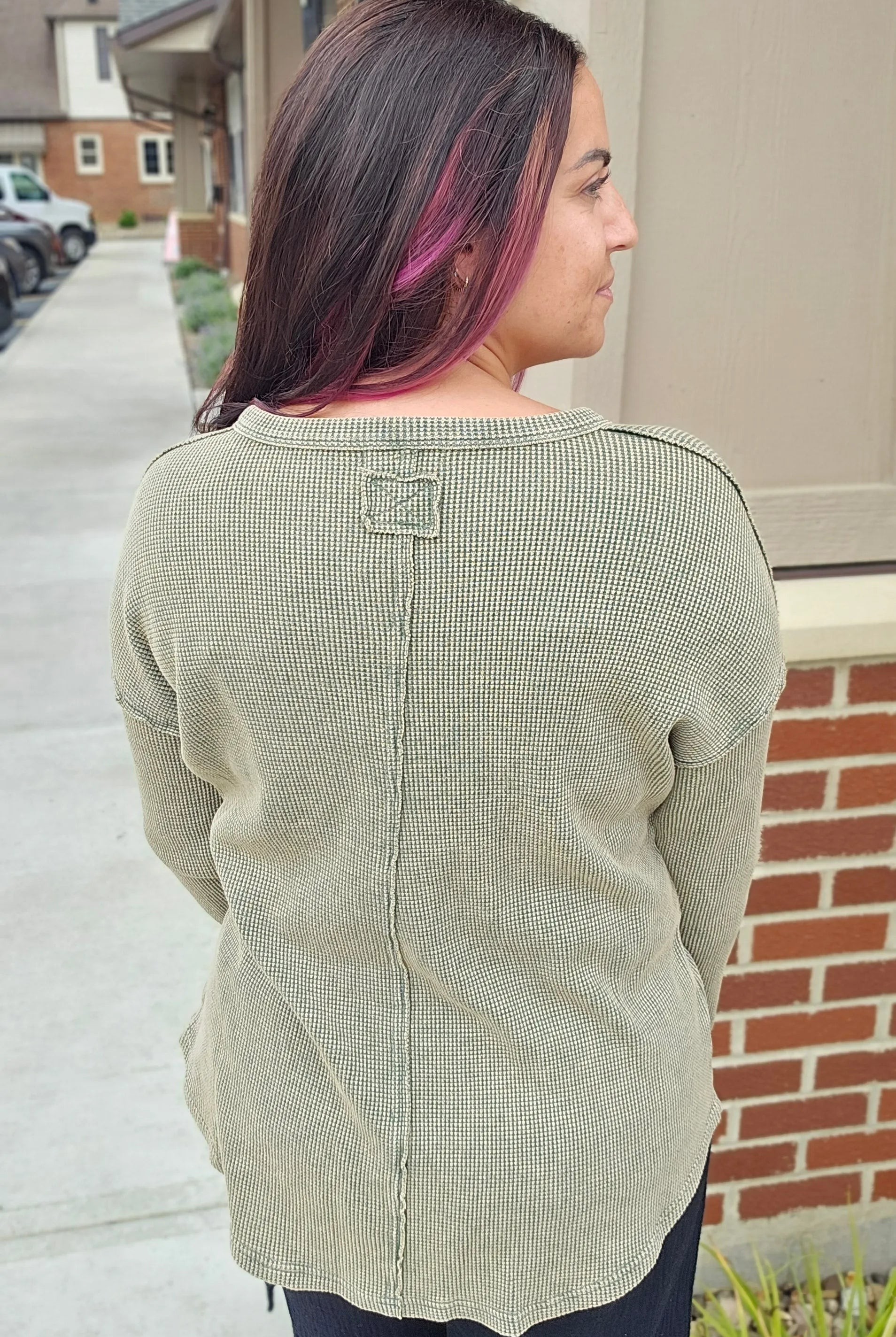 Shop Kori Mineral Wash Thermal - Chive- at Ruby Joy Boutique, a Women's Clothing Store in Pickerington, Ohio