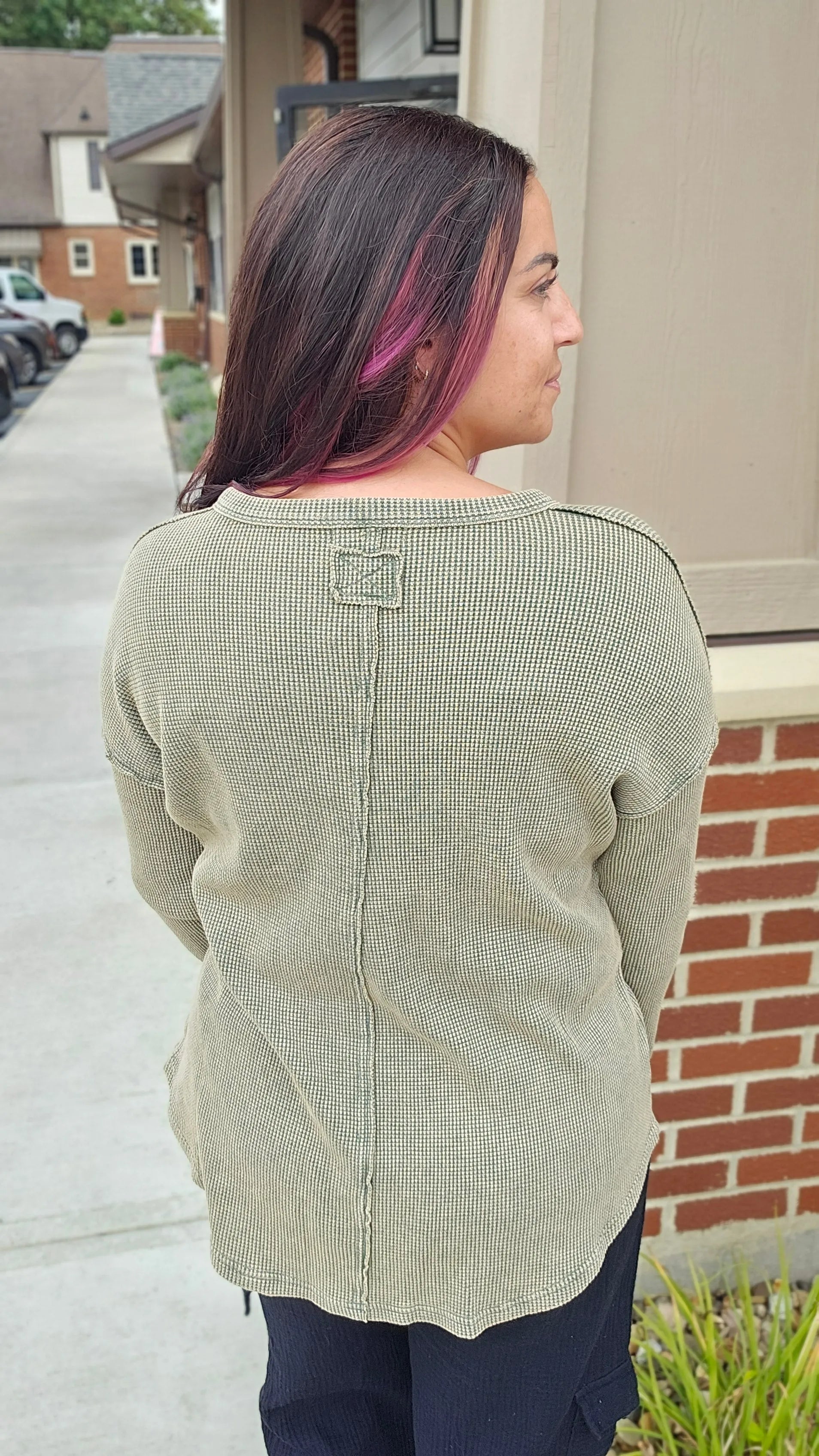 Shop Kori Mineral Wash Thermal - Chive- at Ruby Joy Boutique, a Women's Clothing Store in Pickerington, Ohio