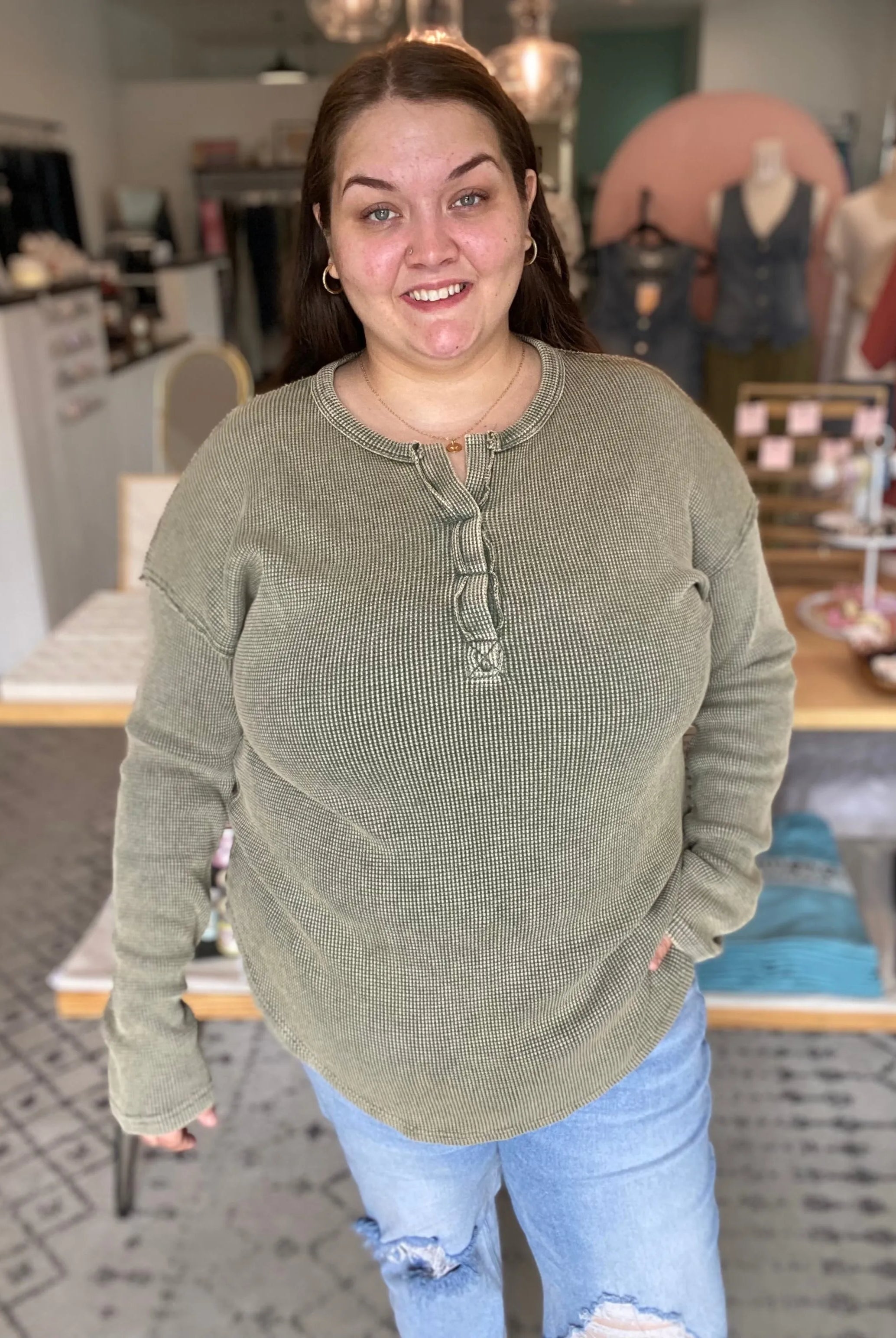 Shop Kori Mineral Wash Thermal - Chive-XLarge at Ruby Joy Boutique, a Women's Clothing Store in Pickerington, Ohio