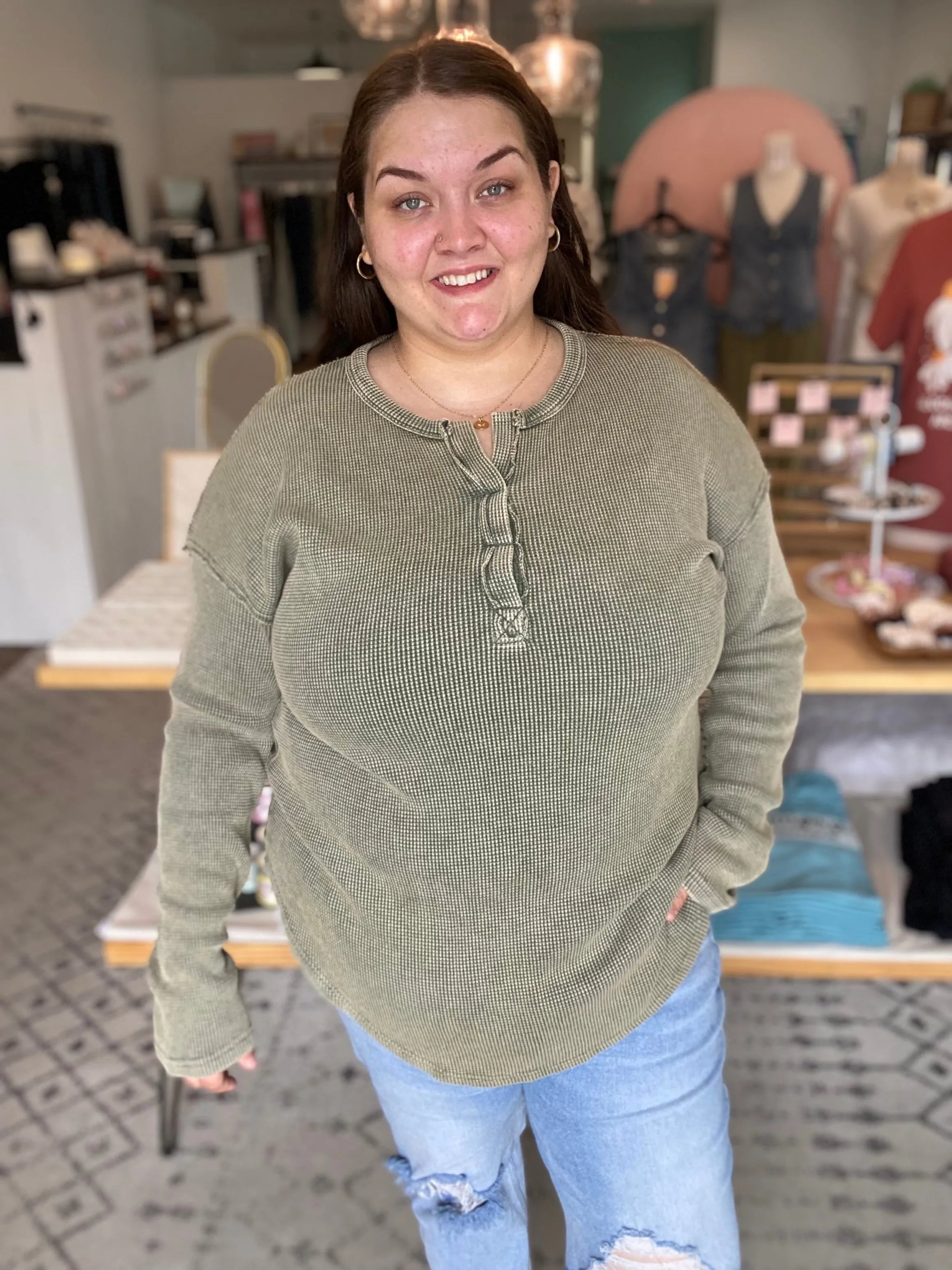Shop Kori Mineral Wash Thermal - Chive-XLarge at Ruby Joy Boutique, a Women's Clothing Store in Pickerington, Ohio