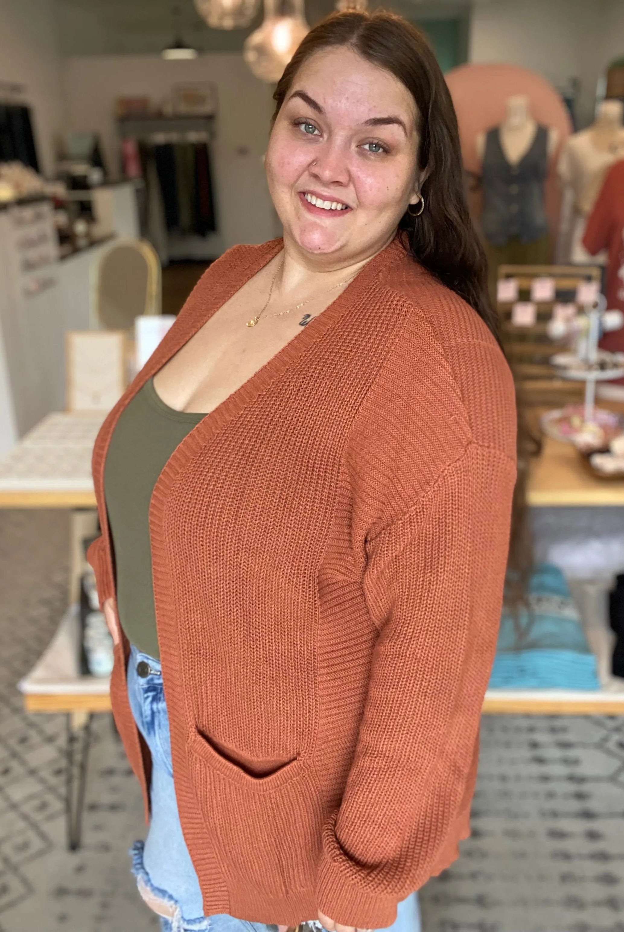 Shop Lainey Open Knit Cardigan - Baked Pumpkin- at Ruby Joy Boutique, a Women's Clothing Store in Pickerington, Ohio