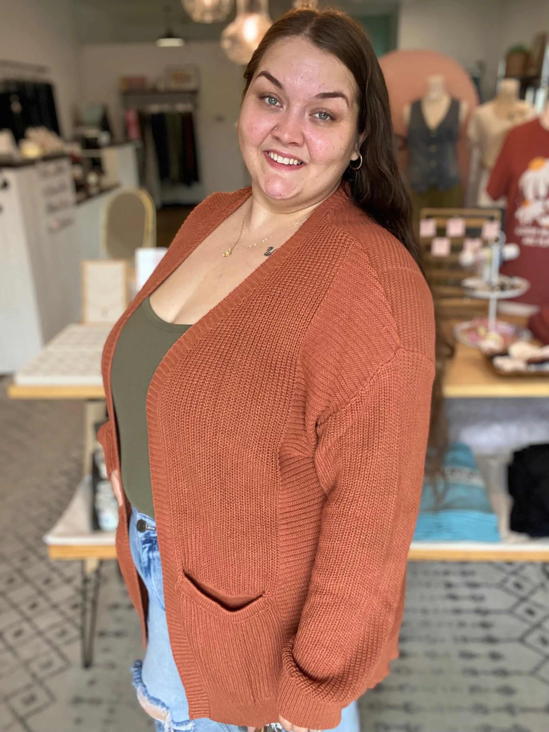 Shop Lainey Open Knit Cardigan - Baked Pumpkin- at Ruby Joy Boutique, a Women's Clothing Store in Pickerington, Ohio