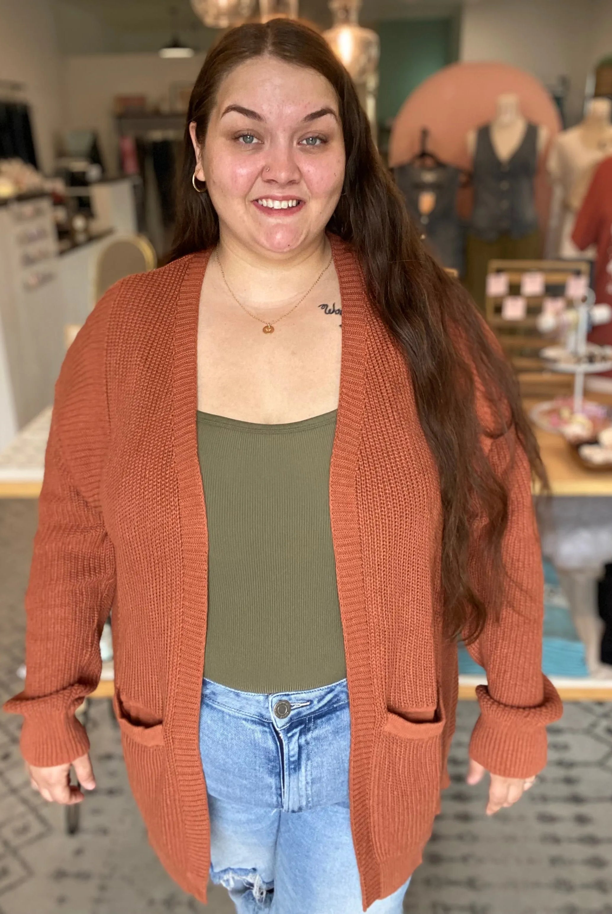 Shop Lainey Open Knit Cardigan - Baked Pumpkin- at Ruby Joy Boutique, a Women's Clothing Store in Pickerington, Ohio