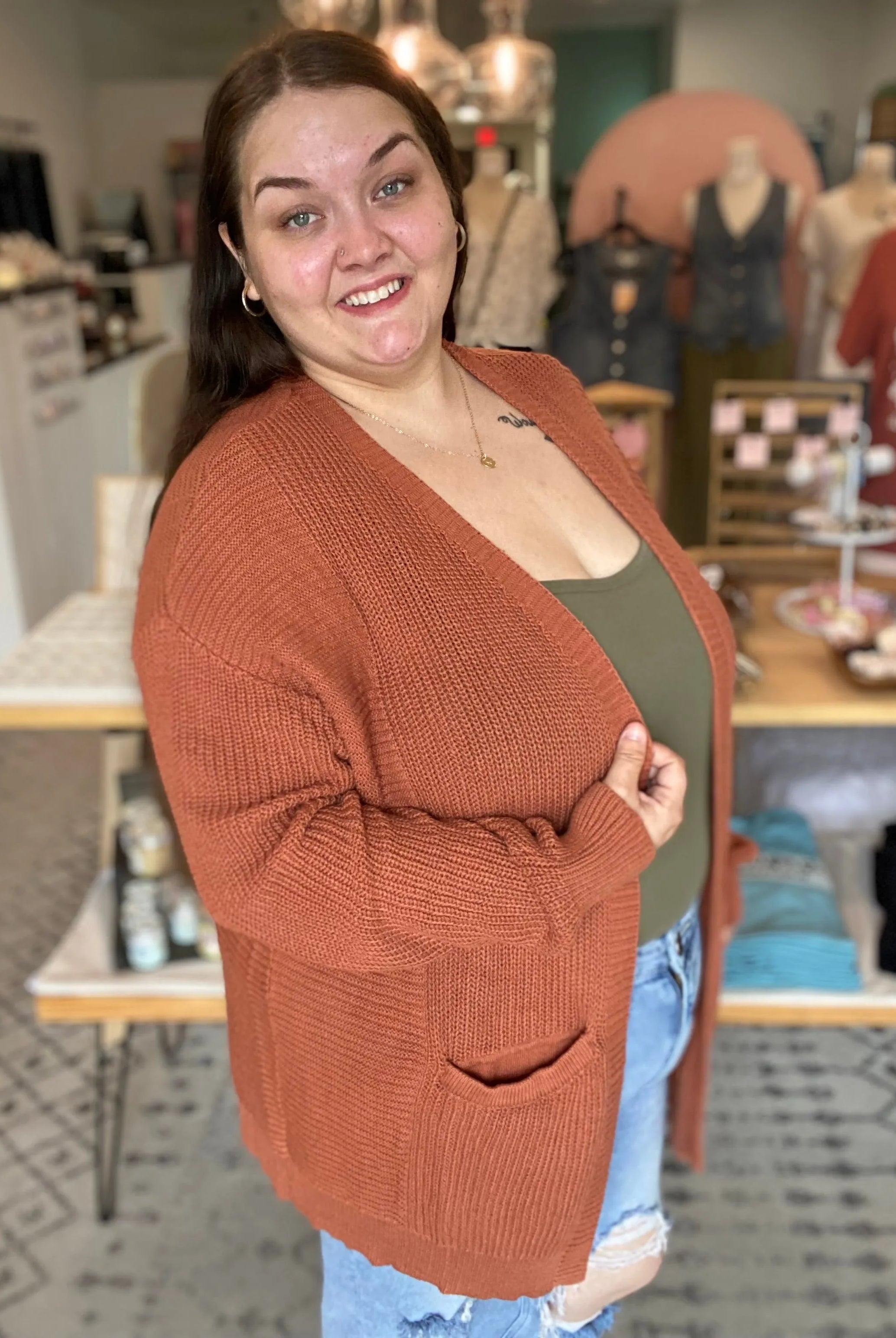 Shop Lainey Open Knit Cardigan - Baked Pumpkin- at Ruby Joy Boutique, a Women's Clothing Store in Pickerington, Ohio