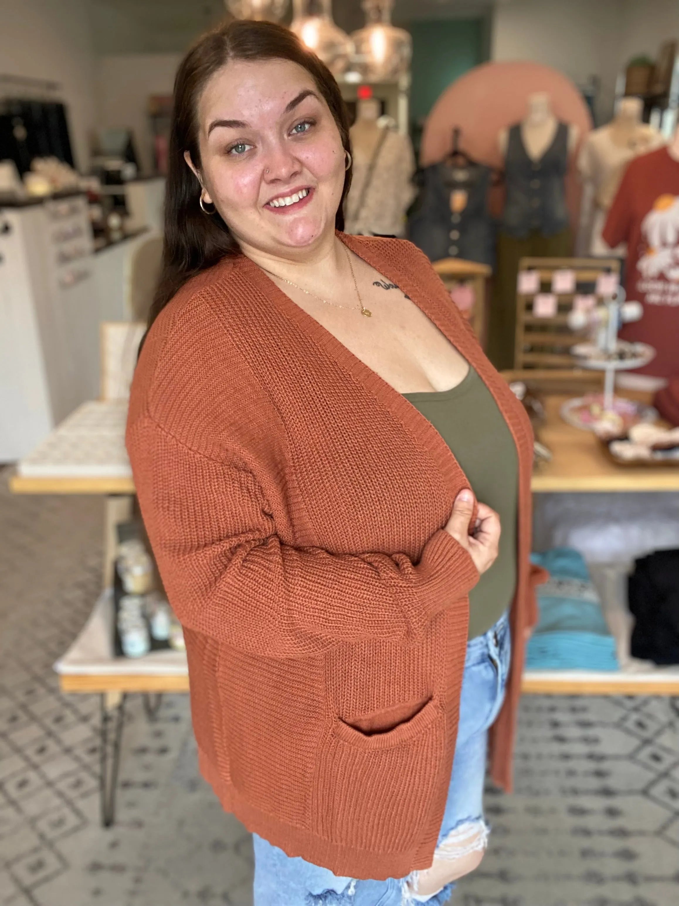 Shop Lainey Open Knit Cardigan - Baked Pumpkin- at Ruby Joy Boutique, a Women's Clothing Store in Pickerington, Ohio