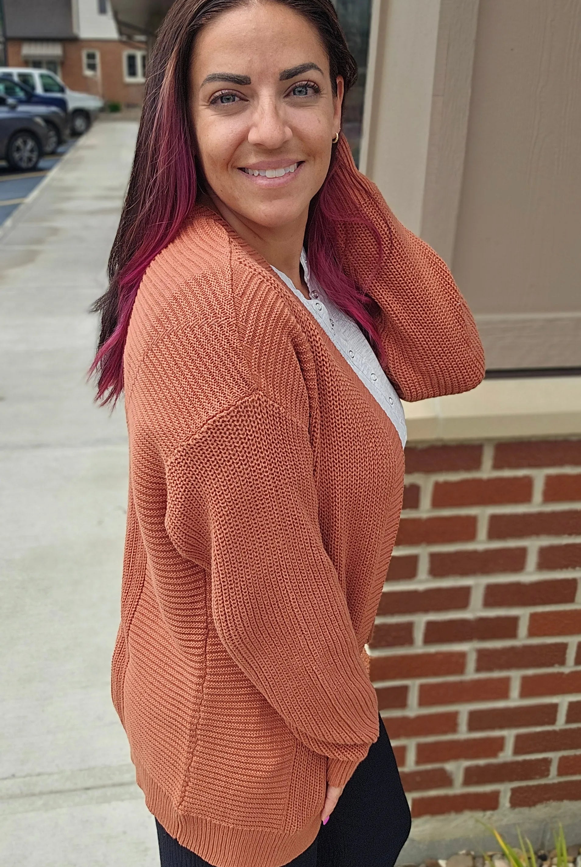 Shop Lainey Open Knit Cardigan - Baked Pumpkin- at Ruby Joy Boutique, a Women's Clothing Store in Pickerington, Ohio
