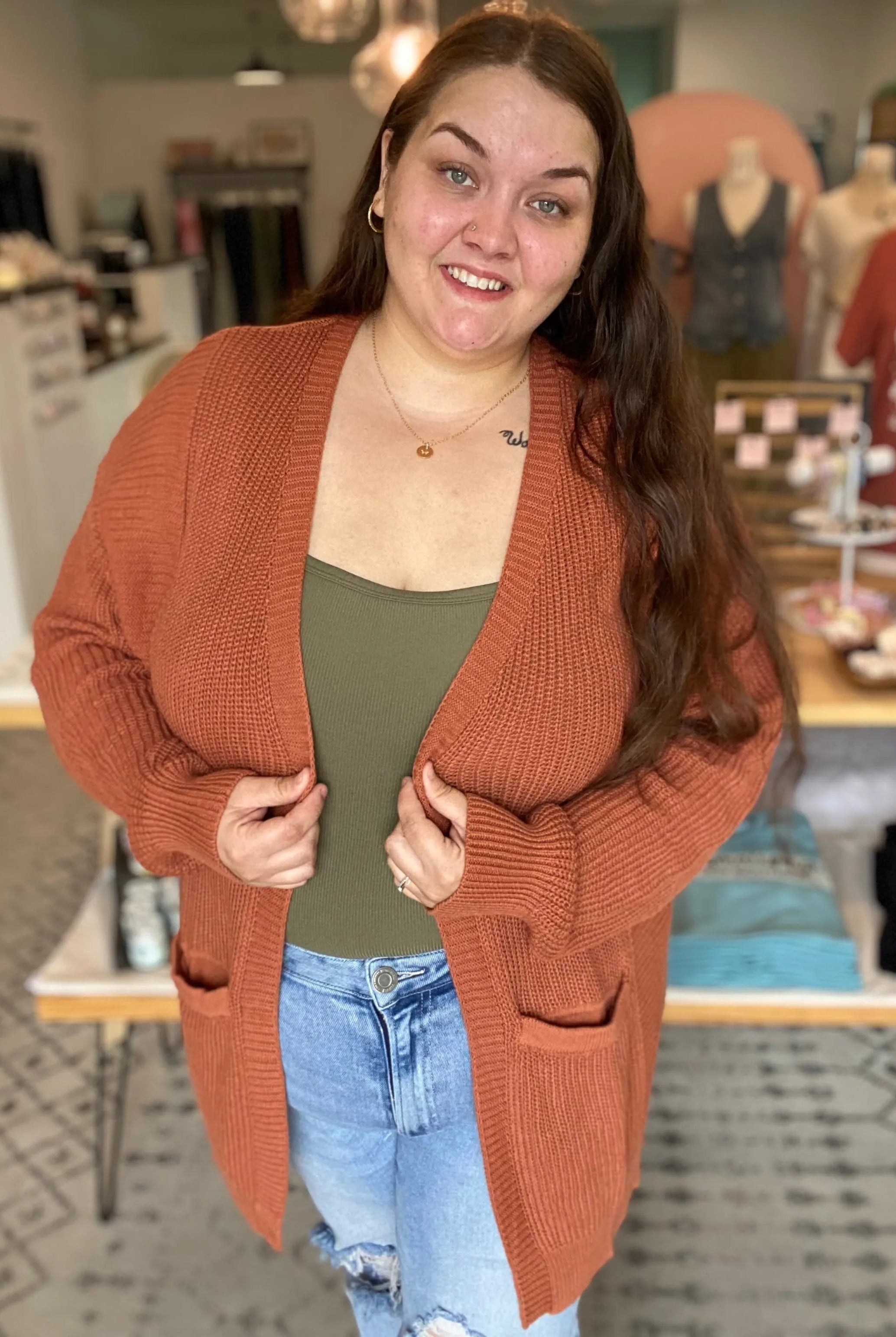 Shop Lainey Open Knit Cardigan - Baked Pumpkin- at Ruby Joy Boutique, a Women's Clothing Store in Pickerington, Ohio