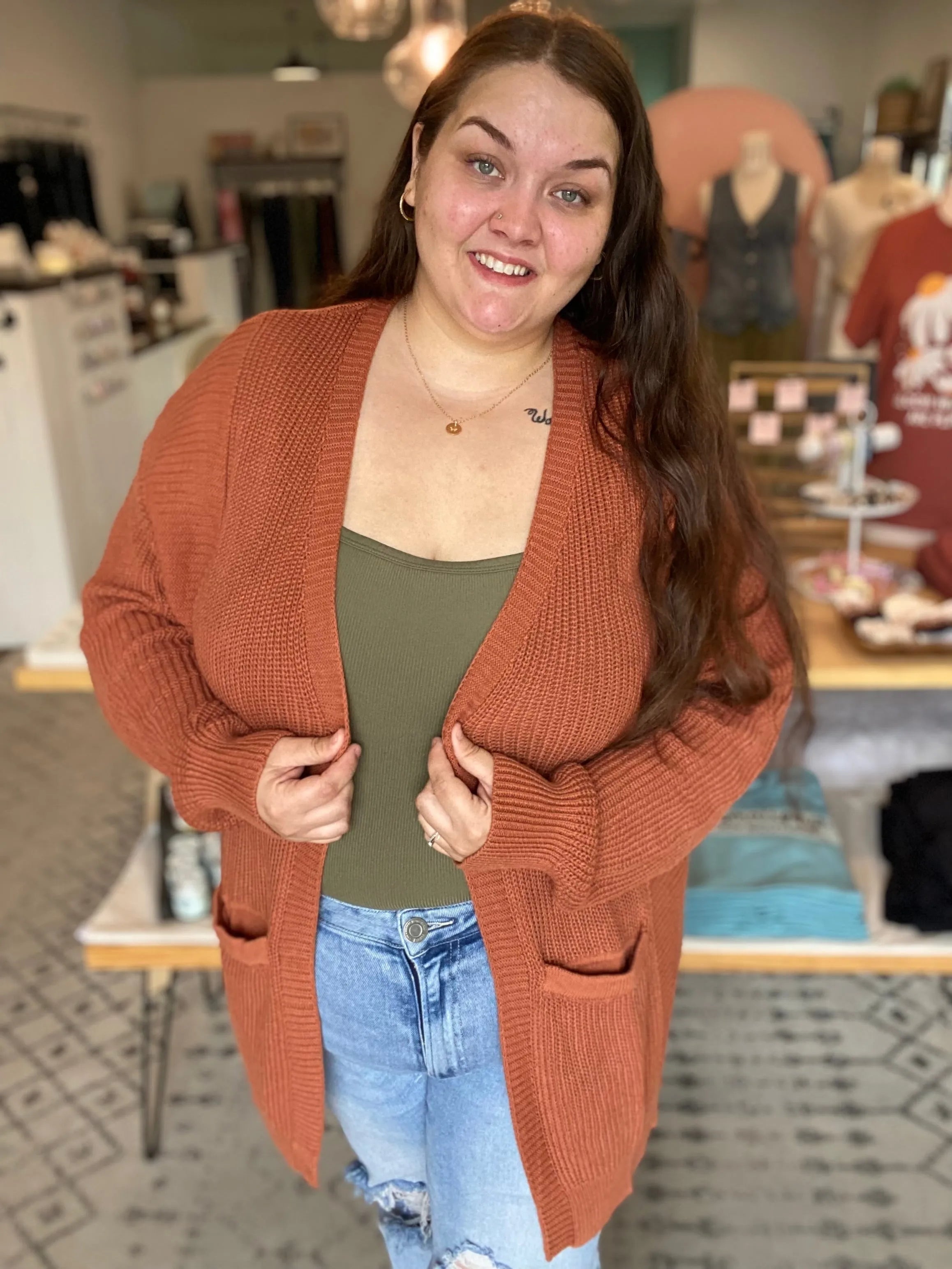 Shop Lainey Open Knit Cardigan - Baked Pumpkin- at Ruby Joy Boutique, a Women's Clothing Store in Pickerington, Ohio