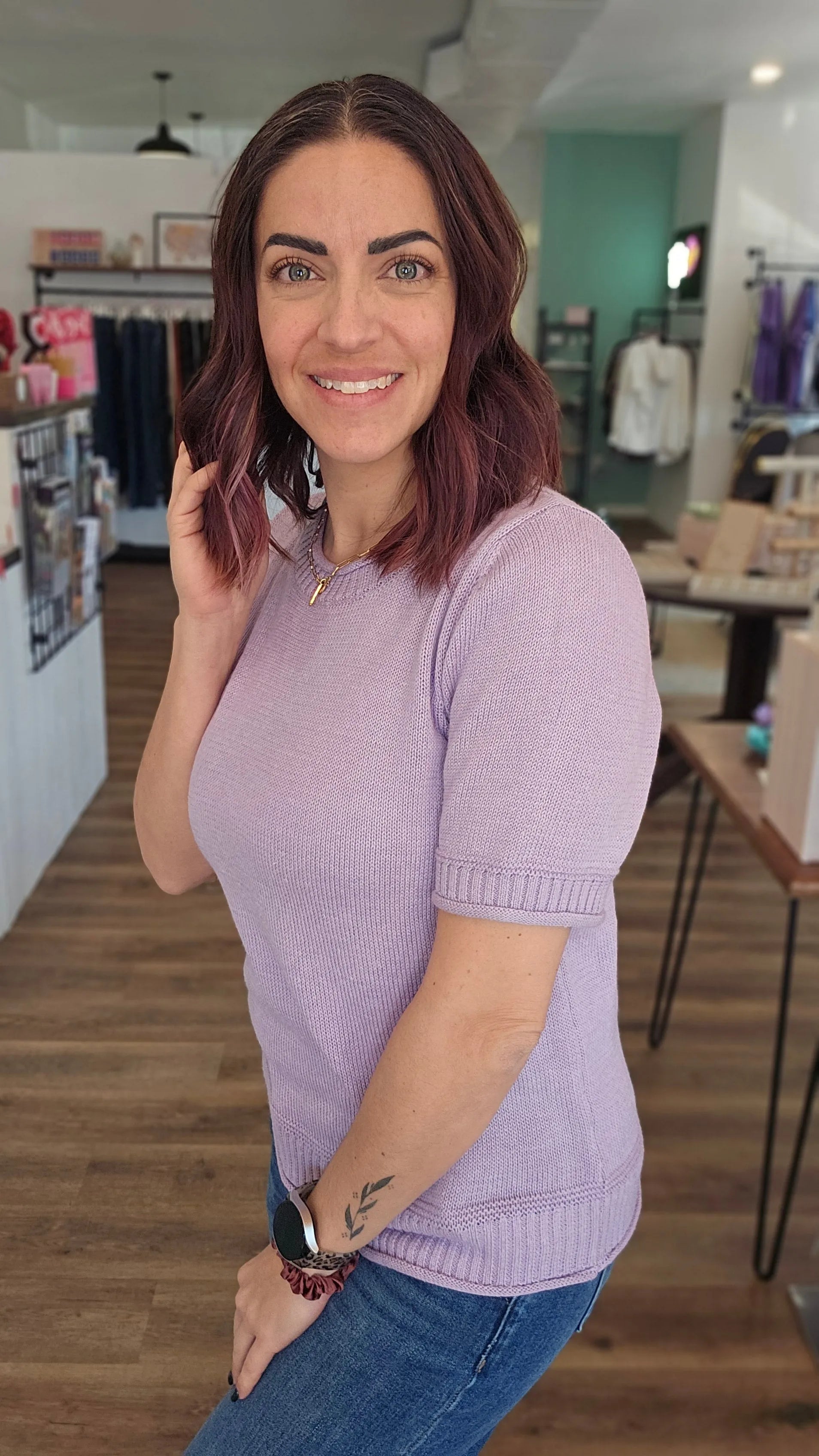 Shop Lavender Dream Short Sleeve Sweater- at Ruby Joy Boutique, a Women's Clothing Store in Pickerington, Ohio