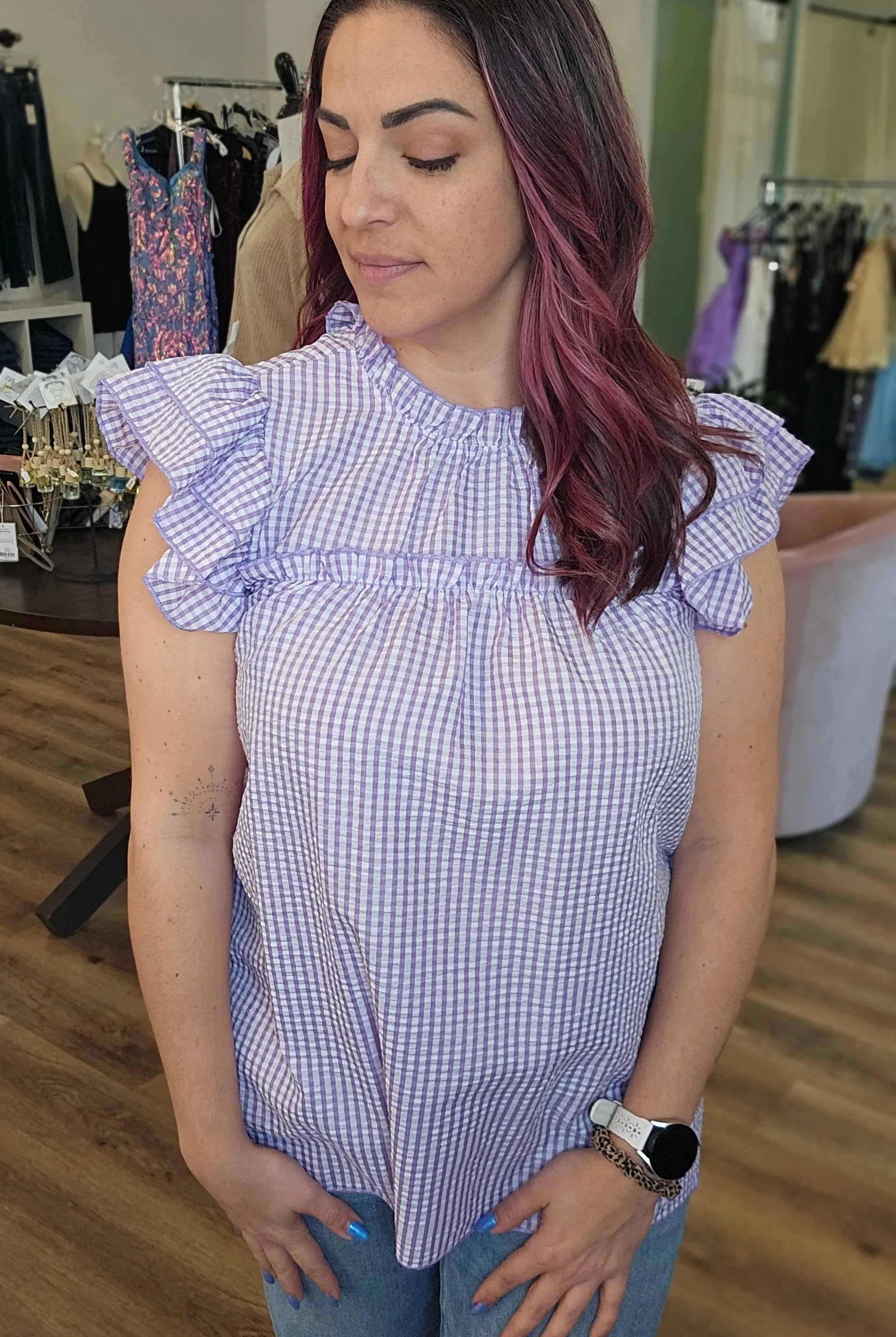Shop Lavender Gingham Flutter Sleeve Top- at Ruby Joy Boutique, a Women's Clothing Store in Pickerington, Ohio