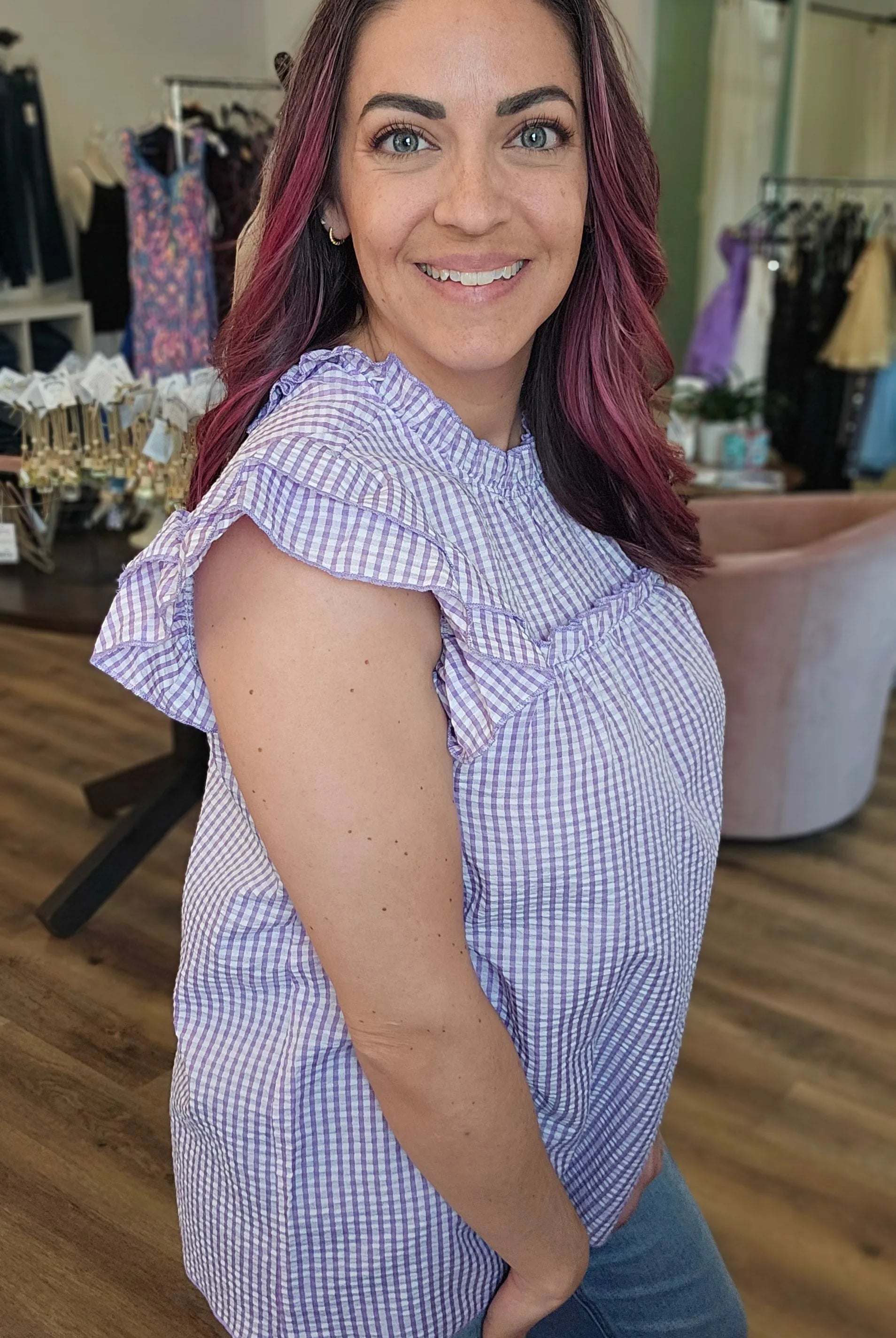 Shop Lavender Gingham Flutter Sleeve Top- at Ruby Joy Boutique, a Women's Clothing Store in Pickerington, Ohio