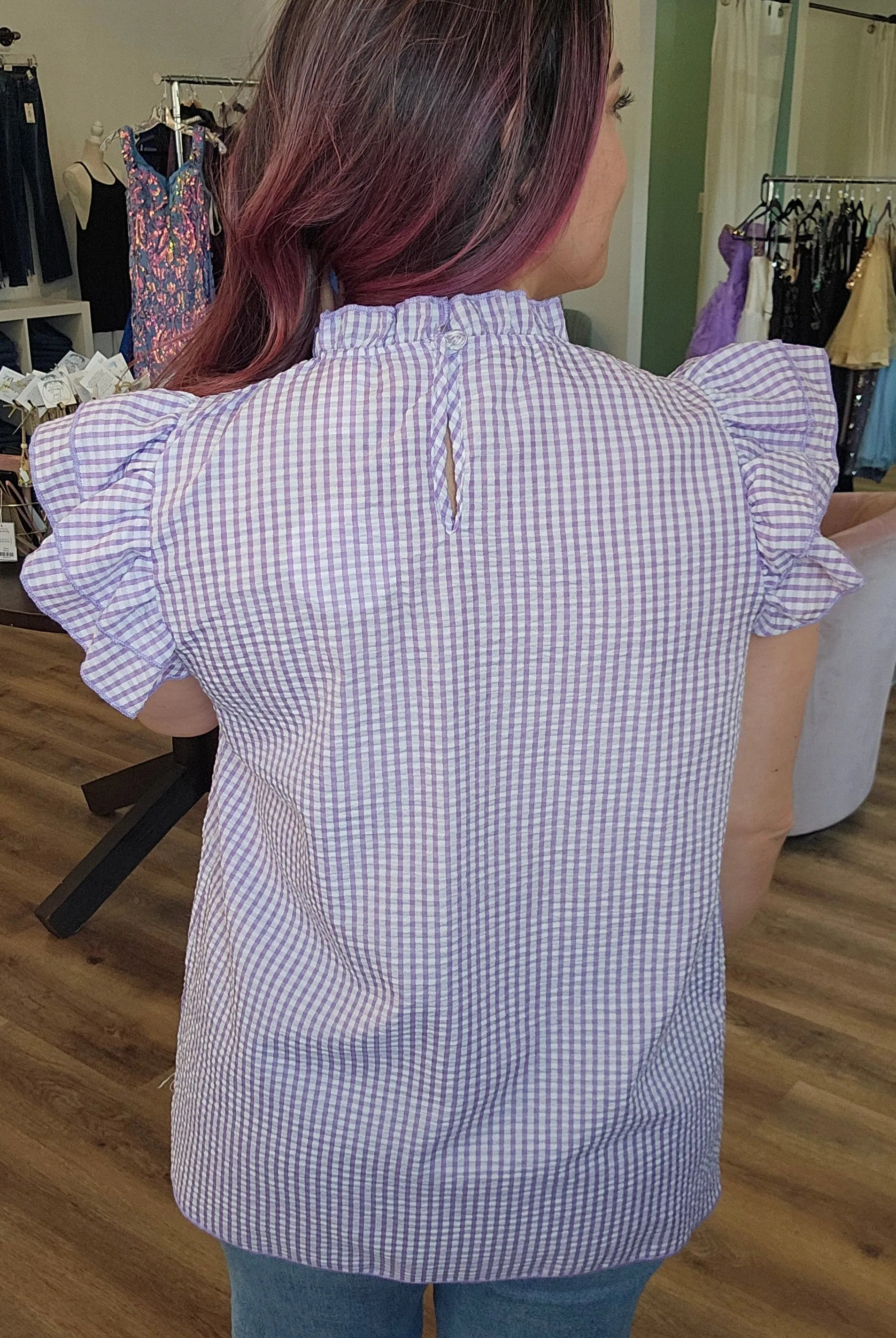 Shop Lavender Gingham Flutter Sleeve Top- at Ruby Joy Boutique, a Women's Clothing Store in Pickerington, Ohio