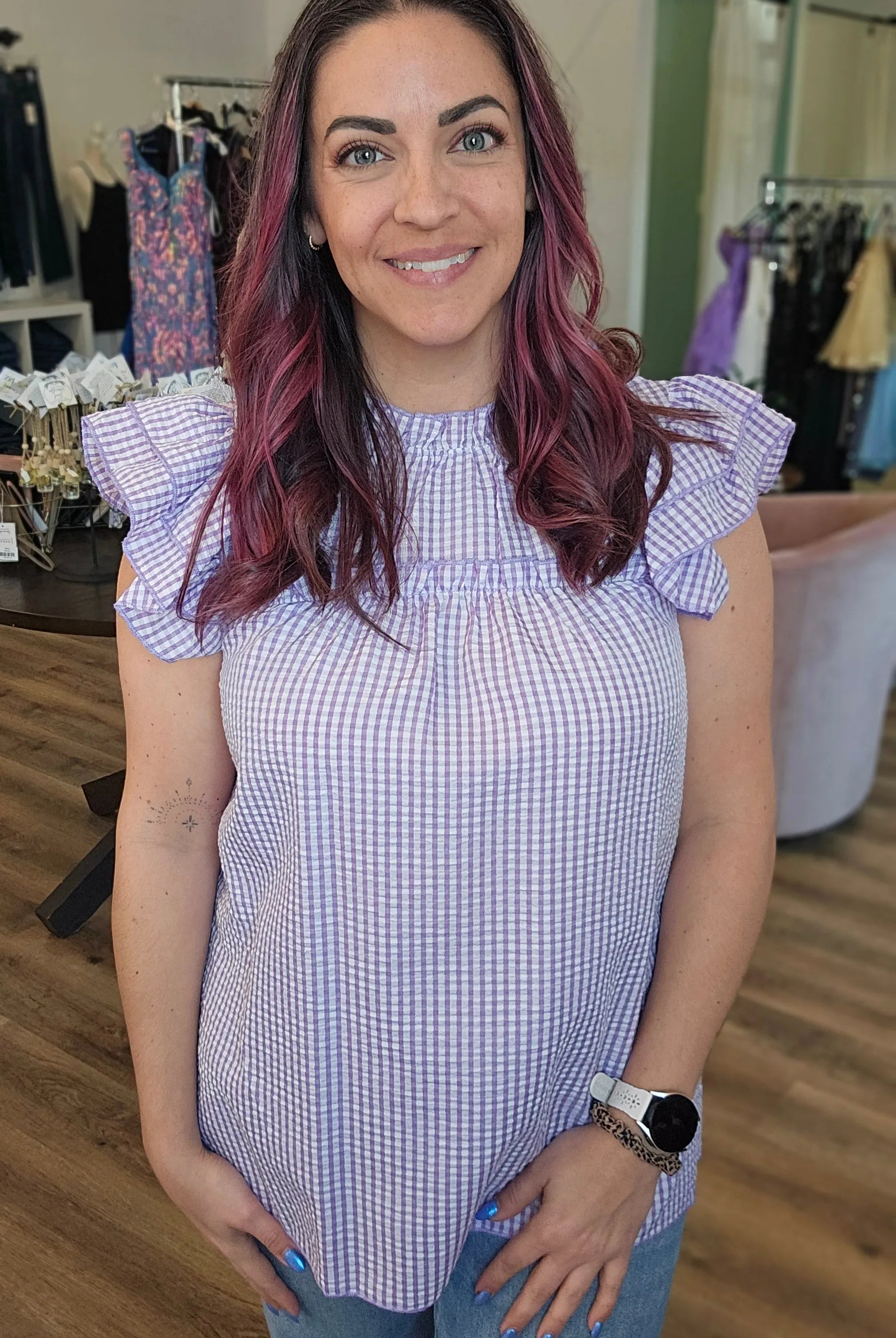 Shop Lavender Gingham Flutter Sleeve Top- at Ruby Joy Boutique, a Women's Clothing Store in Pickerington, Ohio