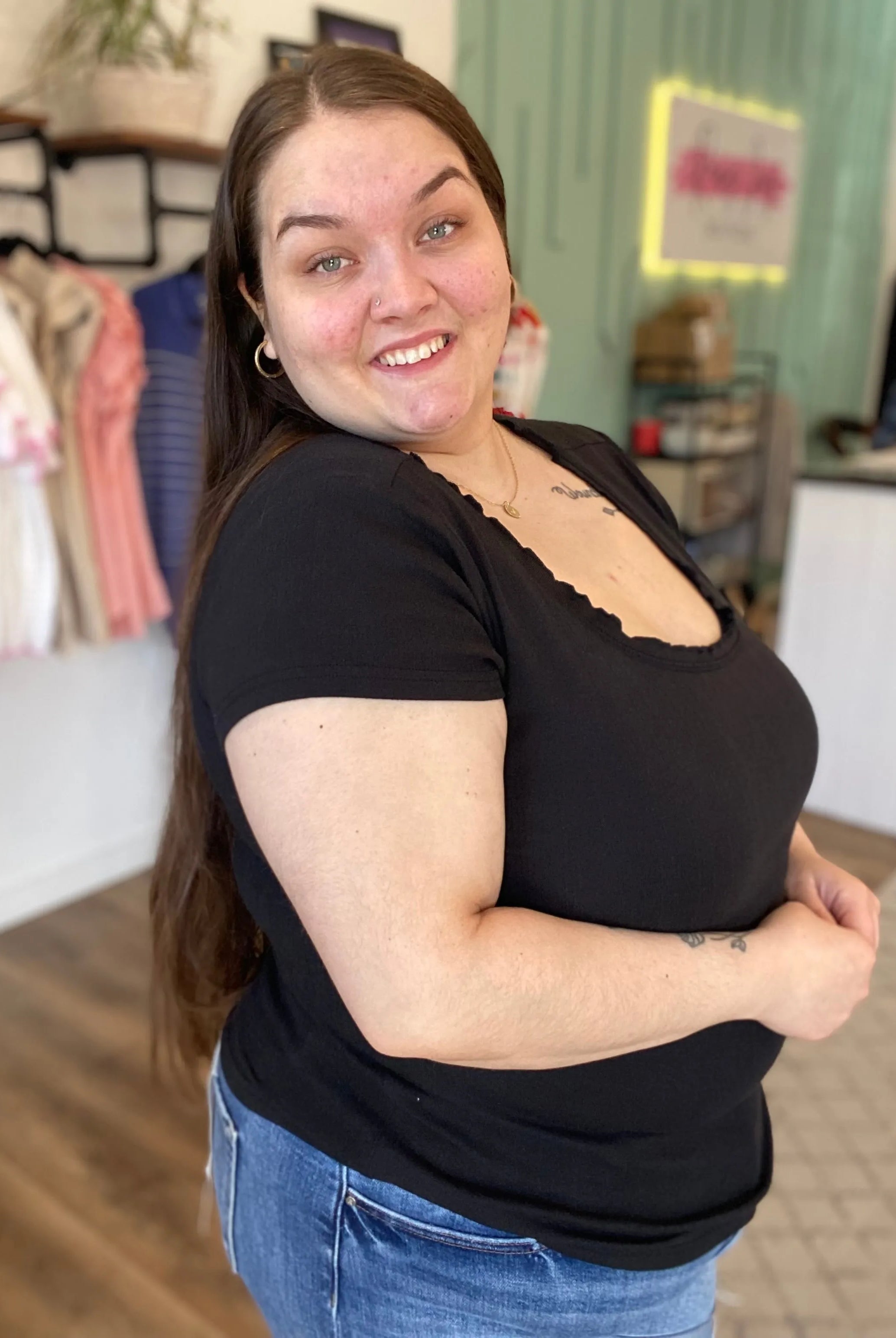 Shop Lettuce Edge Collar Pointelle Tee - Black- at Ruby Joy Boutique, a Women's Clothing Store in Pickerington, Ohio