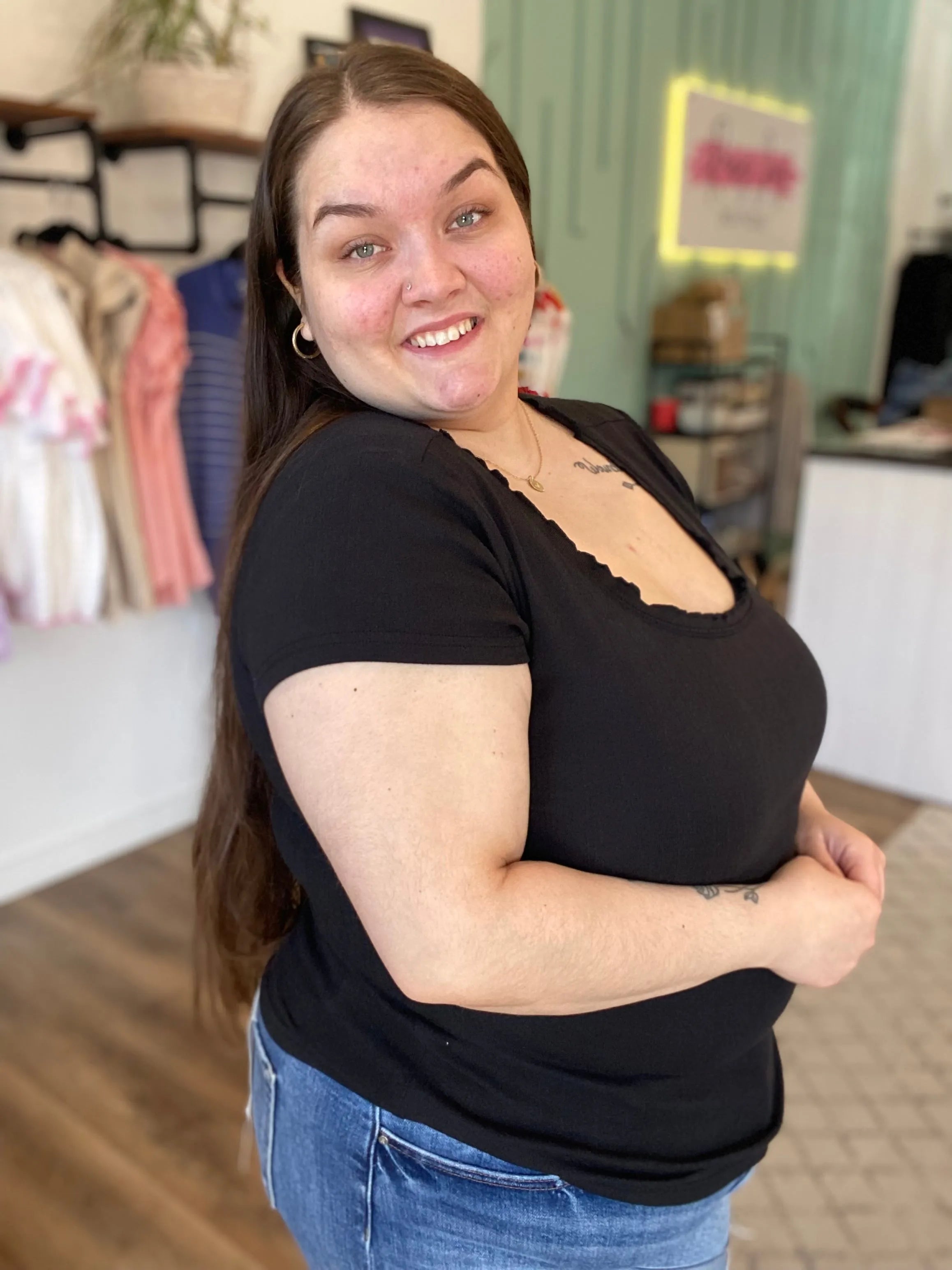 Shop Lettuce Edge Collar Pointelle Tee - Black- at Ruby Joy Boutique, a Women's Clothing Store in Pickerington, Ohio