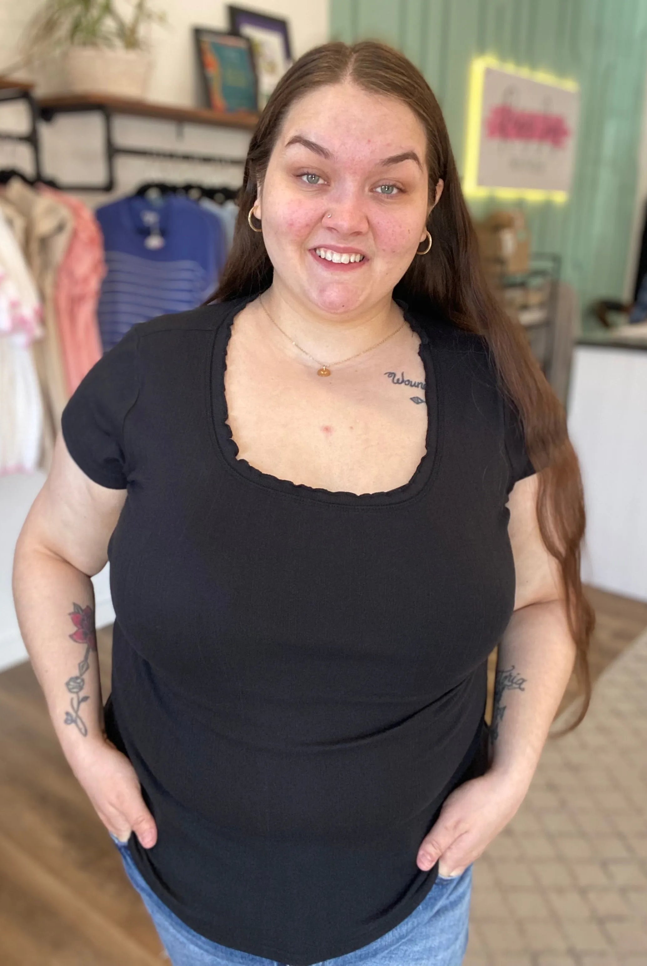 Shop Lettuce Edge Collar Pointelle Tee - Black- at Ruby Joy Boutique, a Women's Clothing Store in Pickerington, Ohio