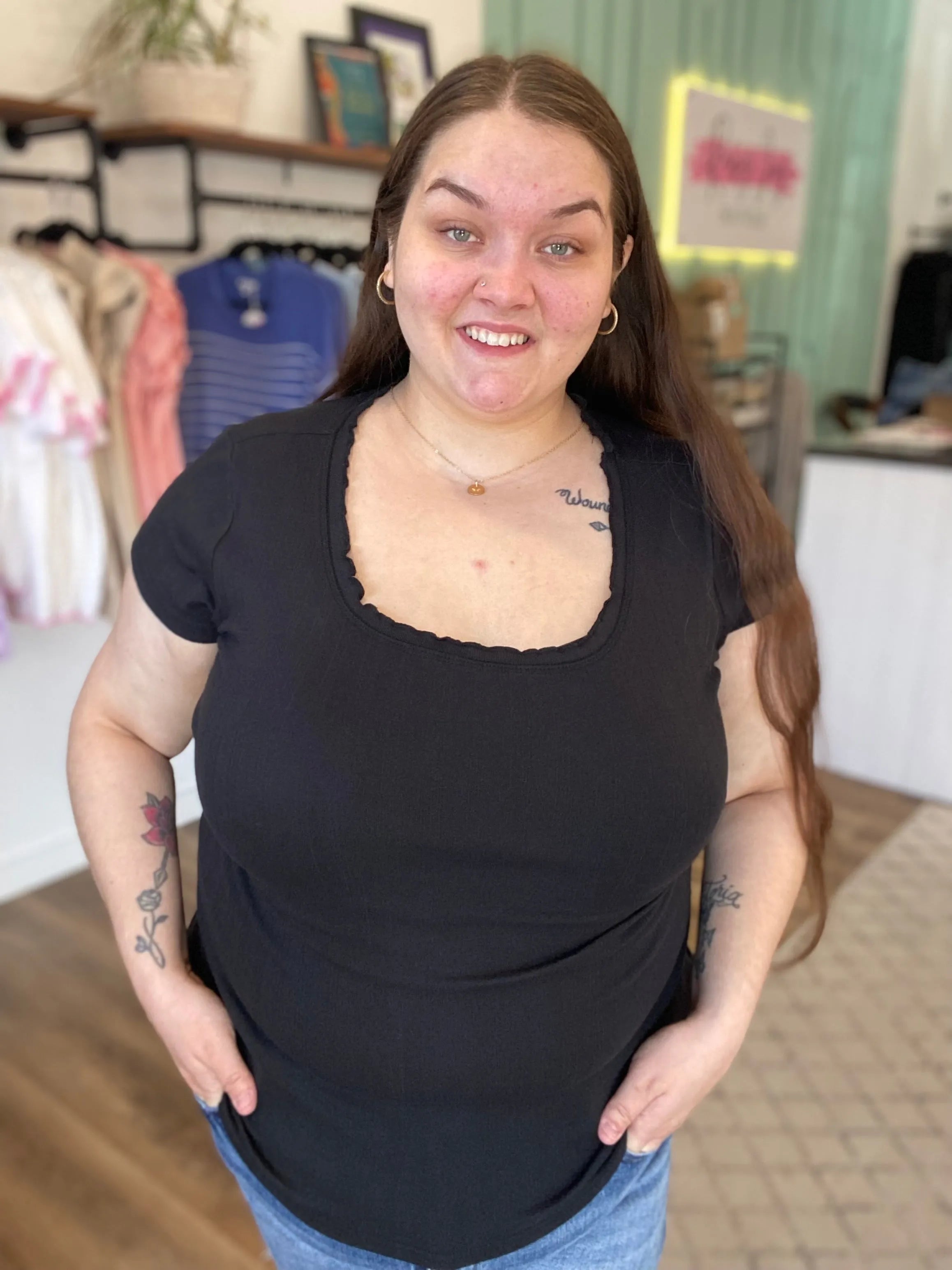 Shop Lettuce Edge Collar Pointelle Tee - Black- at Ruby Joy Boutique, a Women's Clothing Store in Pickerington, Ohio