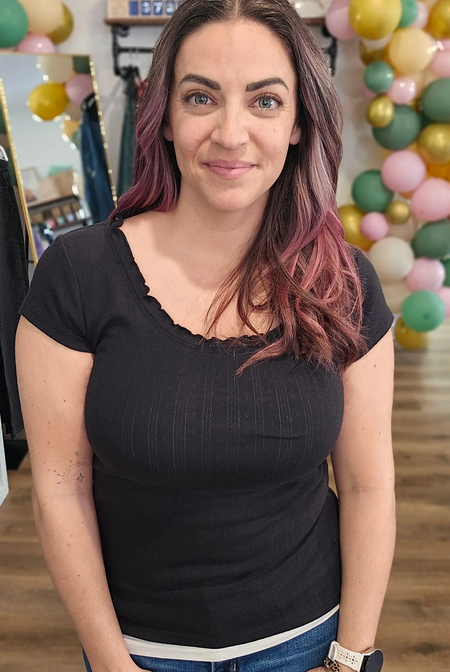 Shop Lettuce Edge Collar Pointelle Tee - Black- at Ruby Joy Boutique, a Women's Clothing Store in Pickerington, Ohio