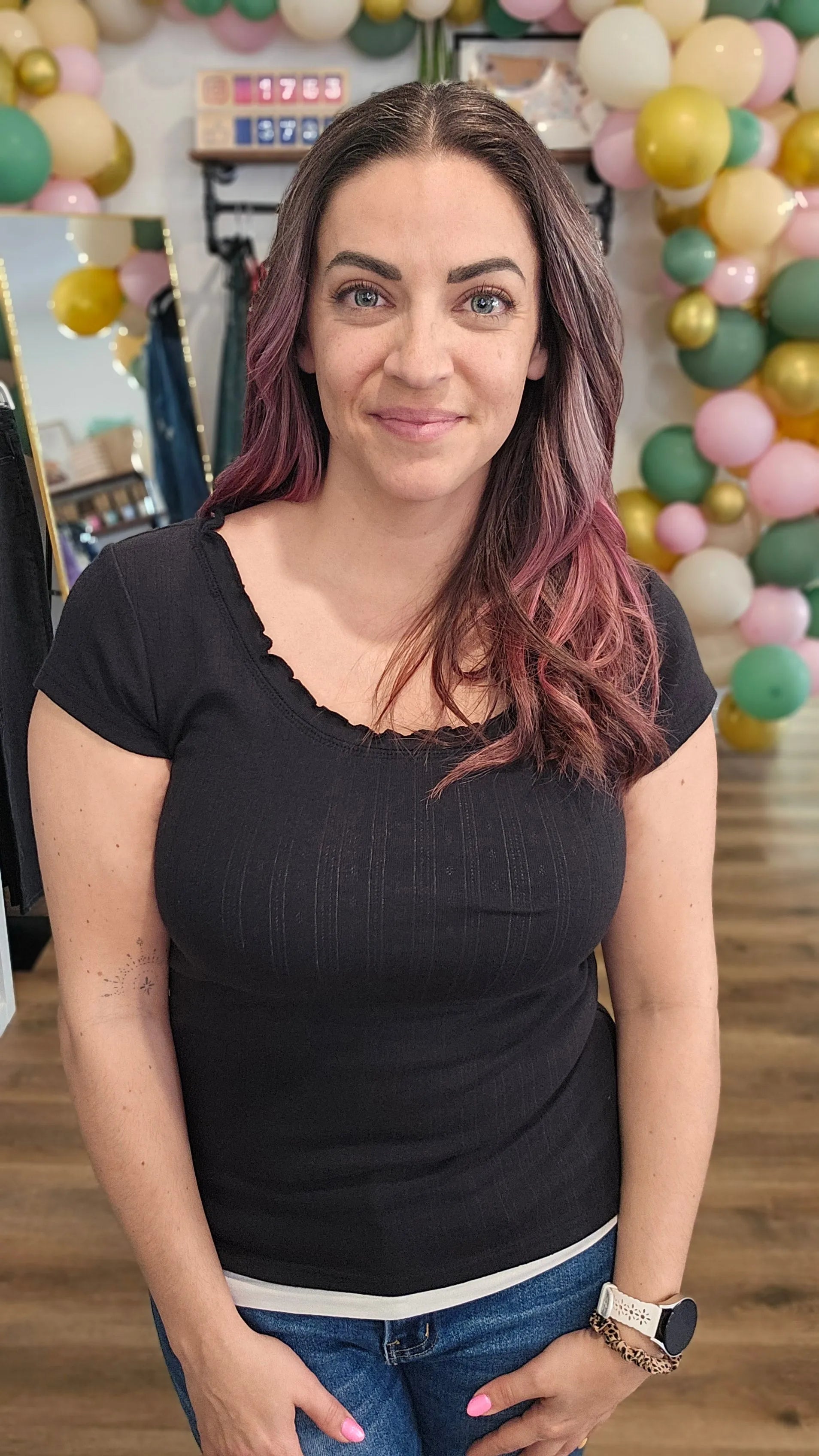 Shop Lettuce Edge Collar Pointelle Tee - Black- at Ruby Joy Boutique, a Women's Clothing Store in Pickerington, Ohio