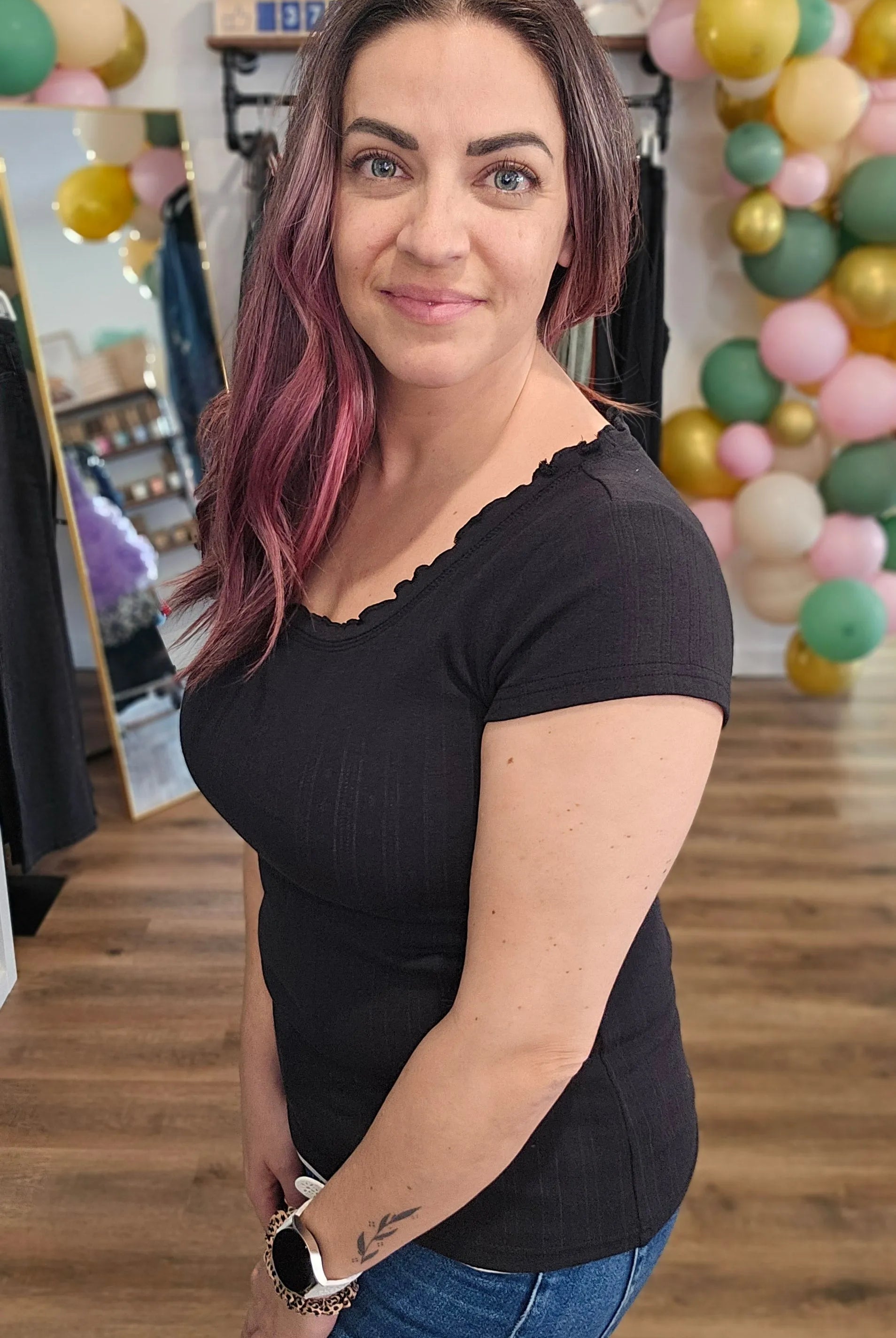 Shop Lettuce Edge Collar Pointelle Tee - Black- at Ruby Joy Boutique, a Women's Clothing Store in Pickerington, Ohio