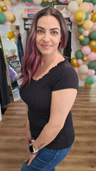 Shop Lettuce Edge Collar Pointelle Tee - Black- at Ruby Joy Boutique, a Women's Clothing Store in Pickerington, Ohio