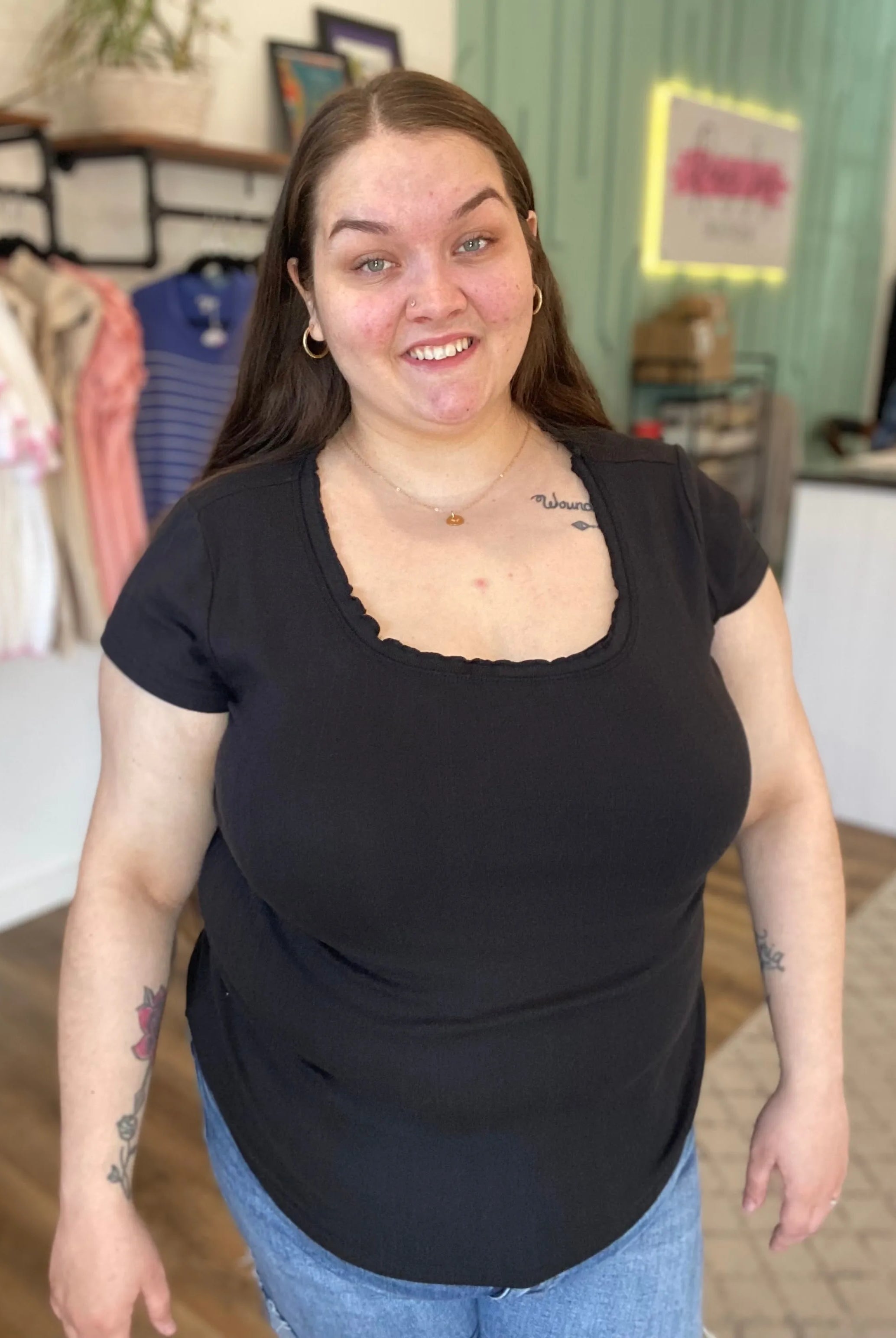 Shop Lettuce Edge Collar Pointelle Tee - Black-XL at Ruby Joy Boutique, a Women's Clothing Store in Pickerington, Ohio