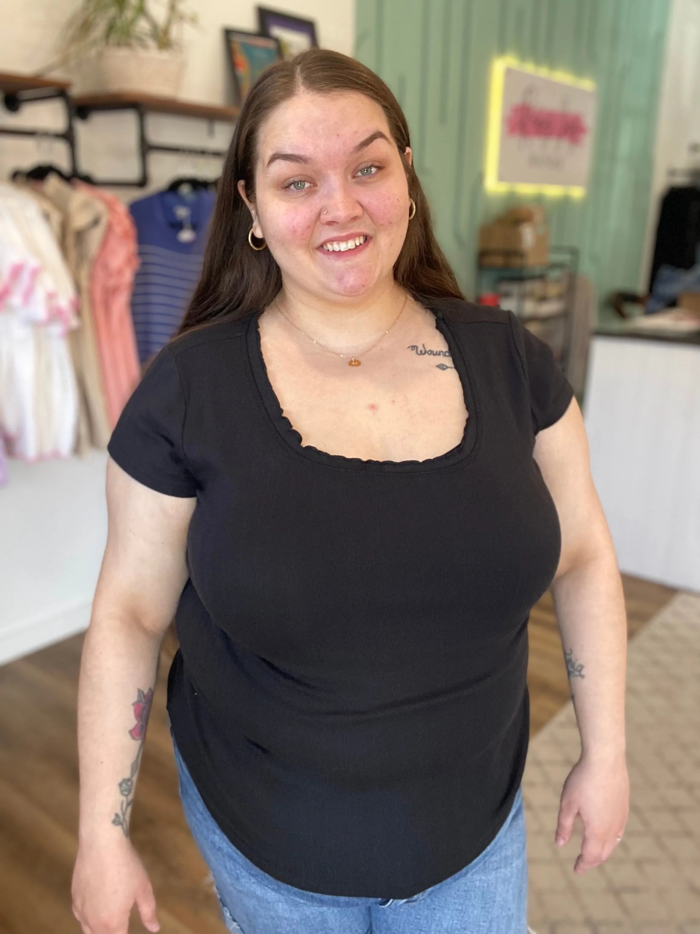 Shop Lettuce Edge Collar Pointelle Tee - Black-XL at Ruby Joy Boutique, a Women's Clothing Store in Pickerington, Ohio