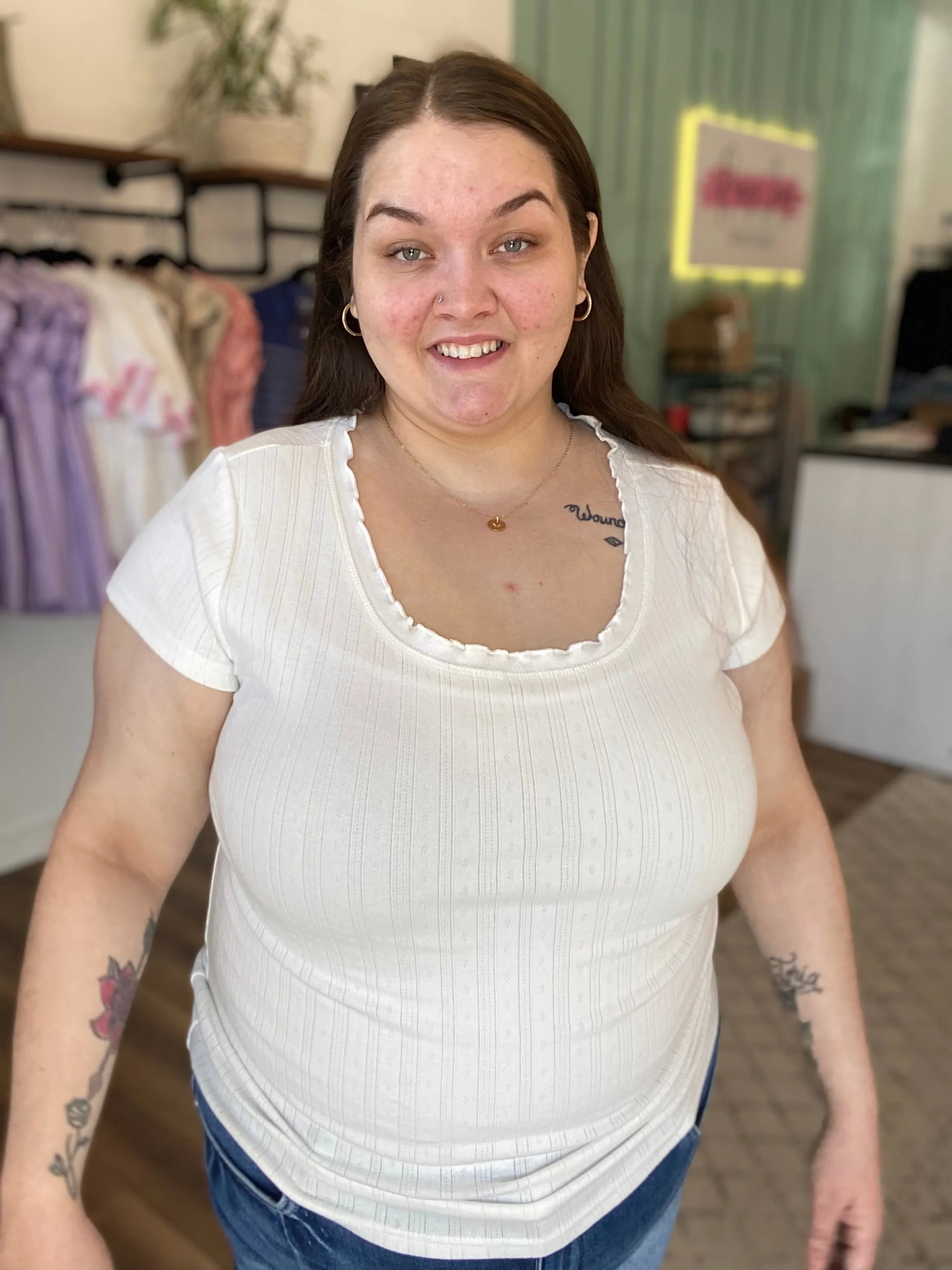 Shop Lettuce Edge Collar Pointelle Tee - White-XL at Ruby Joy Boutique, a Women's Clothing Store in Pickerington, Ohio