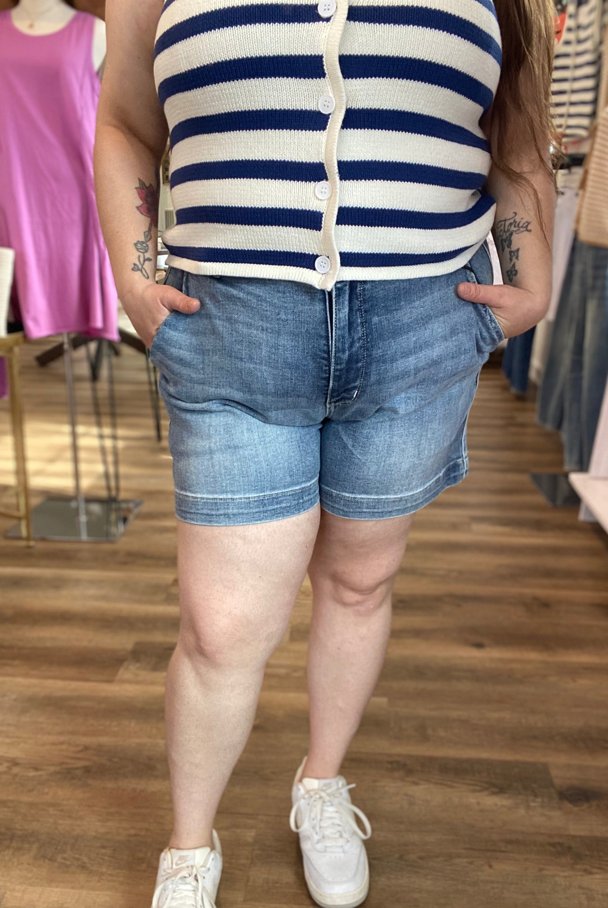 Shop Light Wash Trouser Pocket Denim Shorts | Judy Blue- at Ruby Joy Boutique, a Women's Clothing Store in Pickerington, Ohio