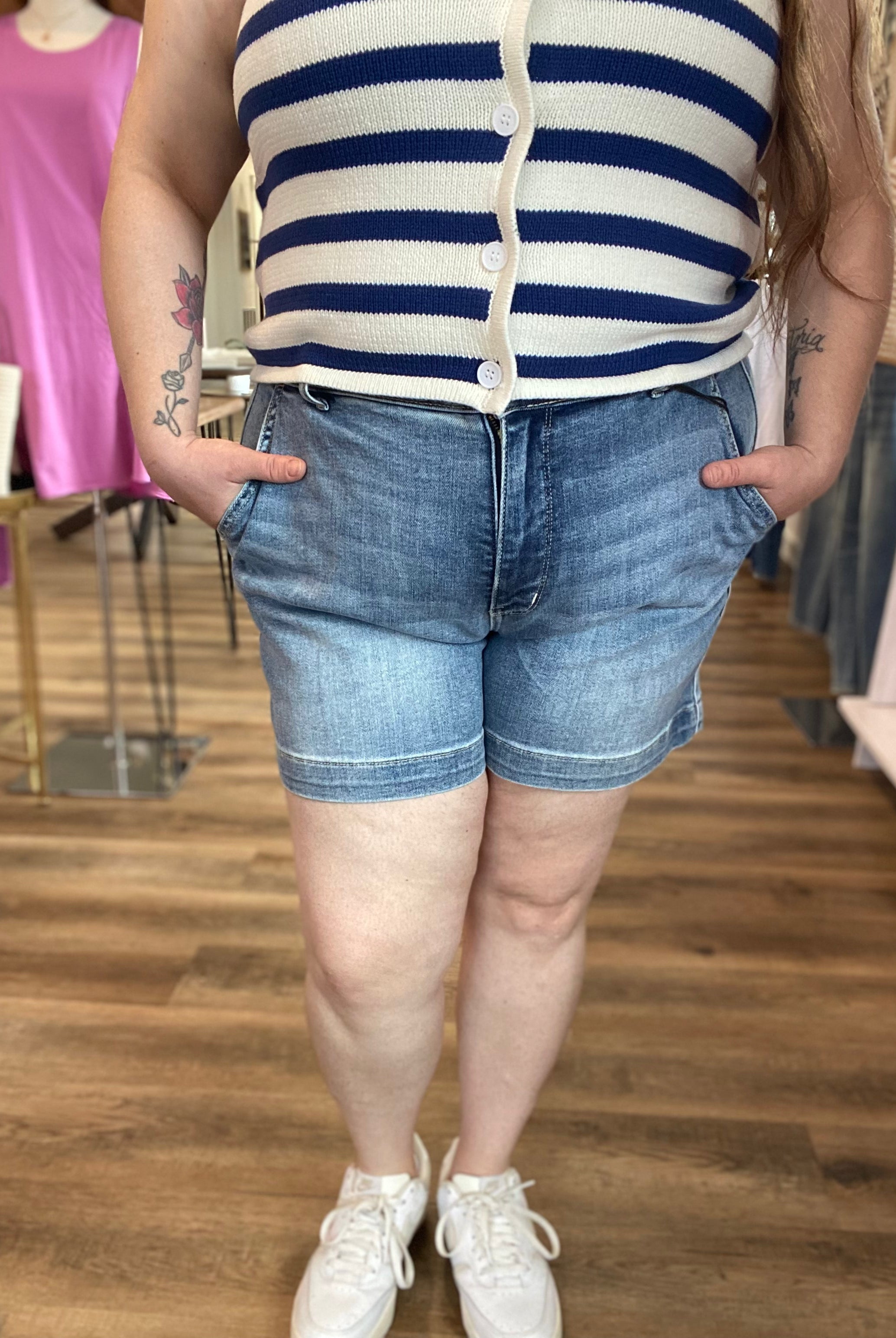 Shop Light Wash Trouser Pocket Denim Shorts | Judy Blue- at Ruby Joy Boutique, a Women's Clothing Store in Pickerington, Ohio