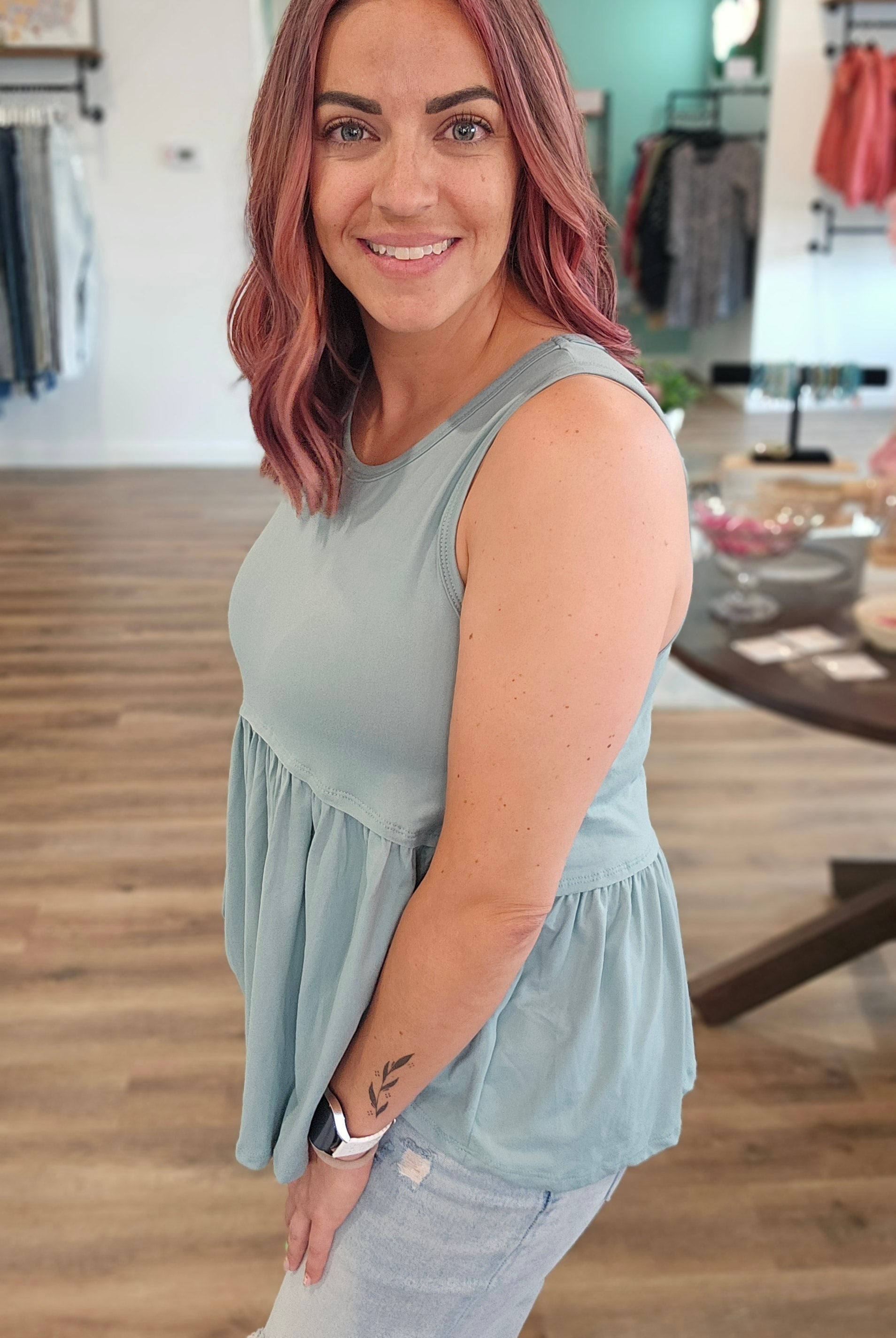 Shop Lina Babydoll Tank - Aloe-Tank Top at Ruby Joy Boutique, a Women's Clothing Store in Pickerington, Ohio