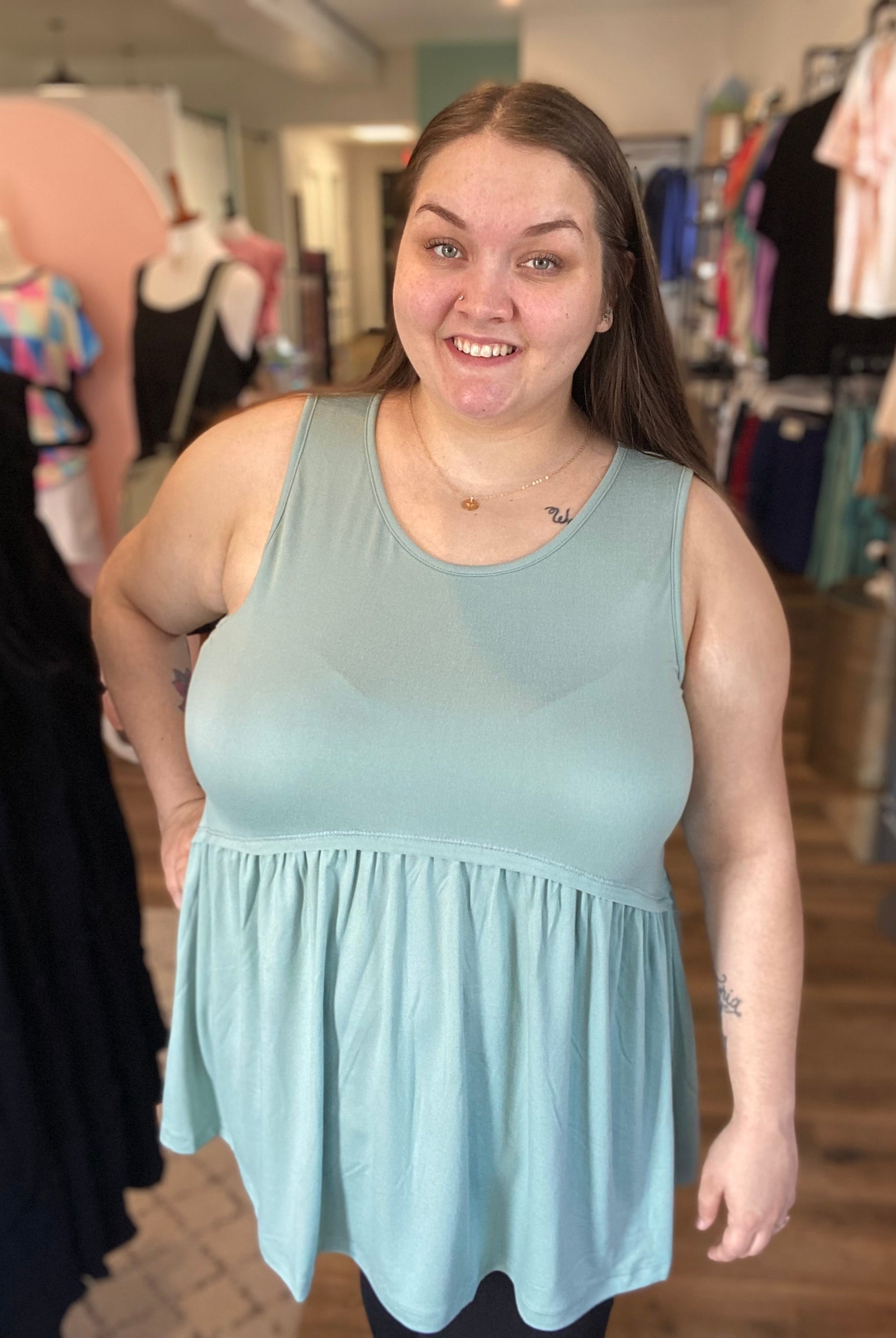 Shop Lina Babydoll Tank - Aloe-Tank Top at Ruby Joy Boutique, a Women's Clothing Store in Pickerington, Ohio