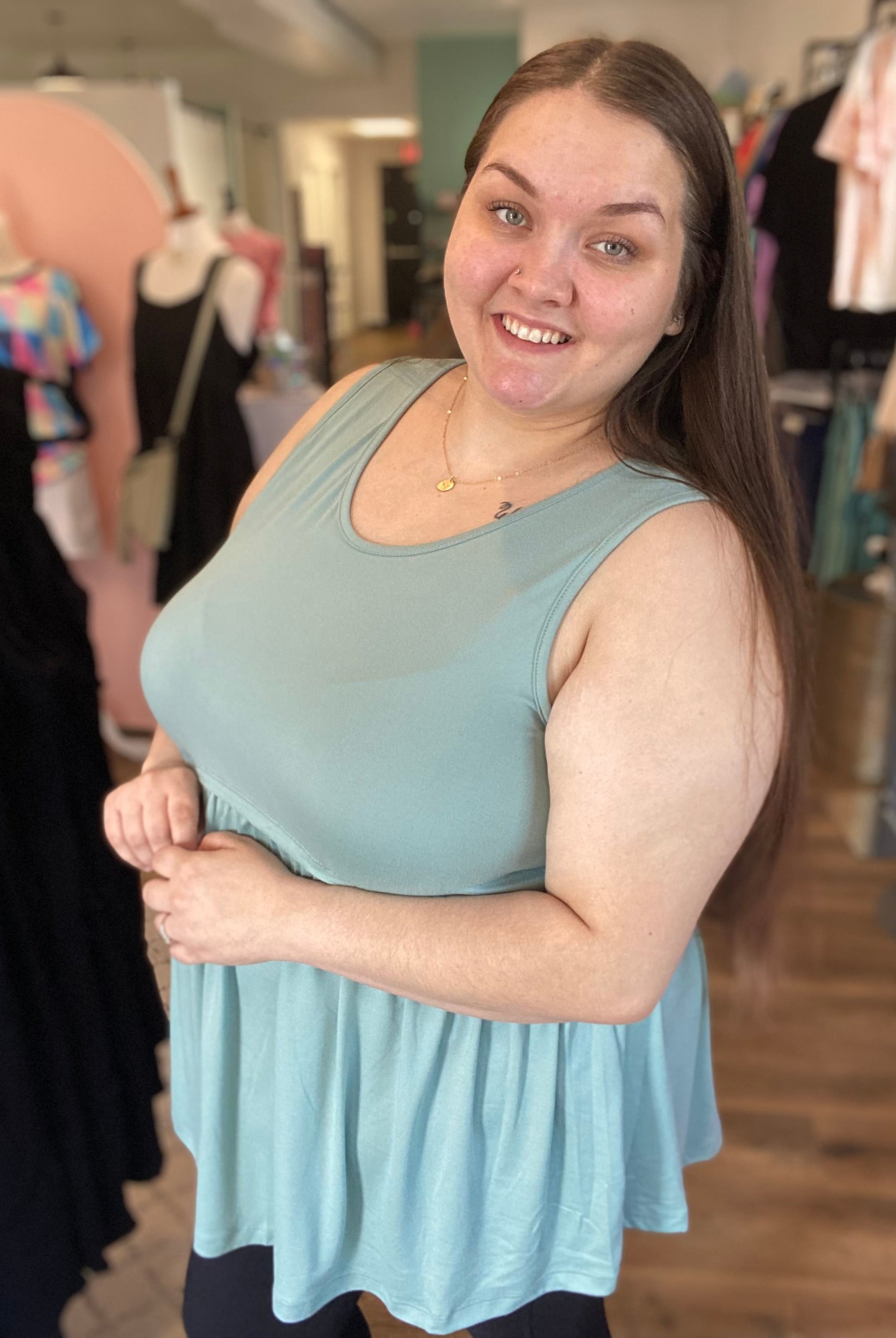 Shop Lina Babydoll Tank - Aloe-Tank Top at Ruby Joy Boutique, a Women's Clothing Store in Pickerington, Ohio