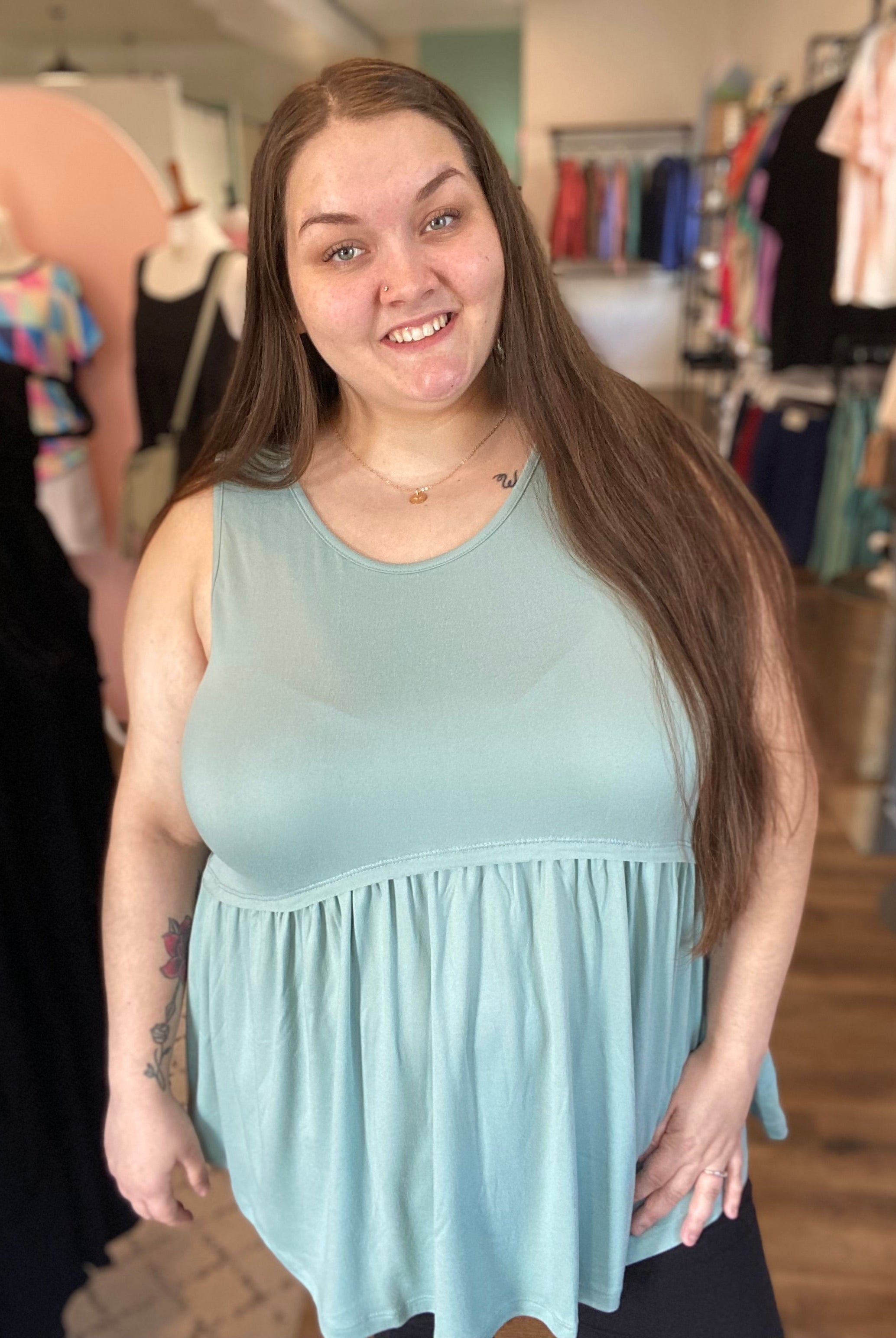 Shop Lina Babydoll Tank - Aloe-Tank Top at Ruby Joy Boutique, a Women's Clothing Store in Pickerington, Ohio