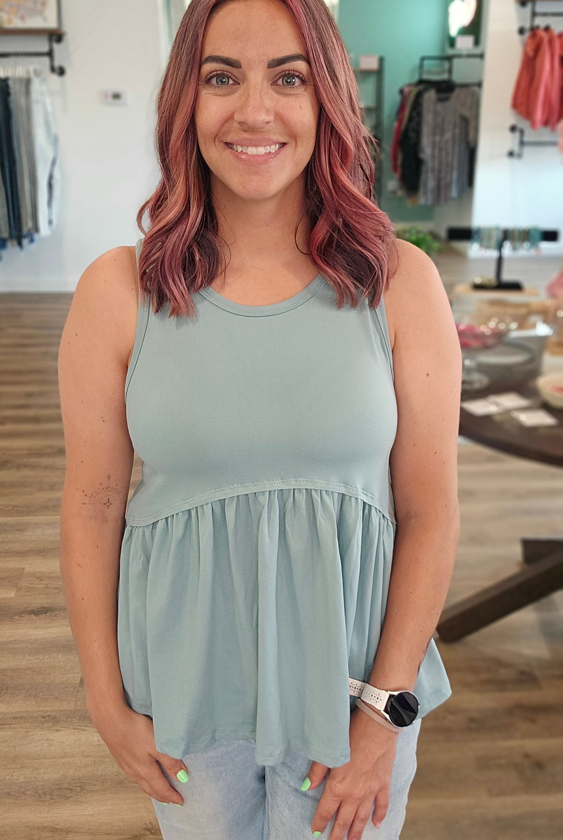Shop Lina Babydoll Tank - Aloe-Tank Top at Ruby Joy Boutique, a Women's Clothing Store in Pickerington, Ohio