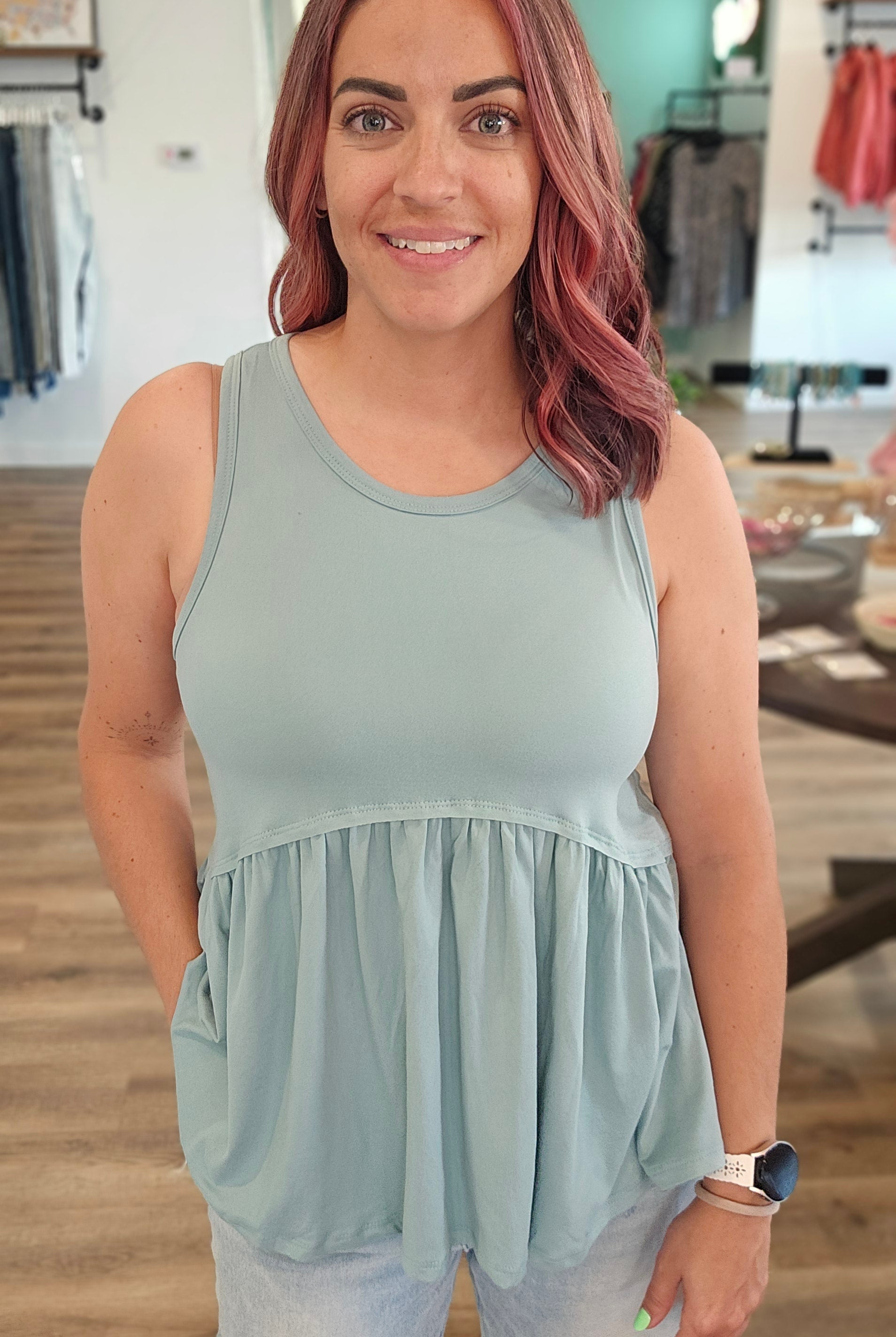 Shop Lina Babydoll Tank - Aloe-Tank Top at Ruby Joy Boutique, a Women's Clothing Store in Pickerington, Ohio
