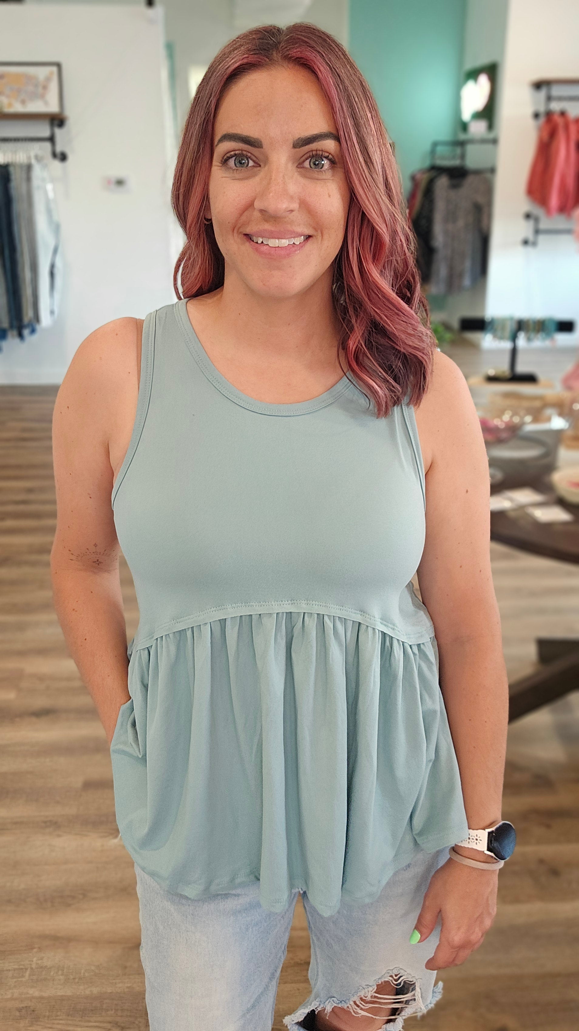 Shop Lina Babydoll Tank - Aloe-Tank Top at Ruby Joy Boutique, a Women's Clothing Store in Pickerington, Ohio