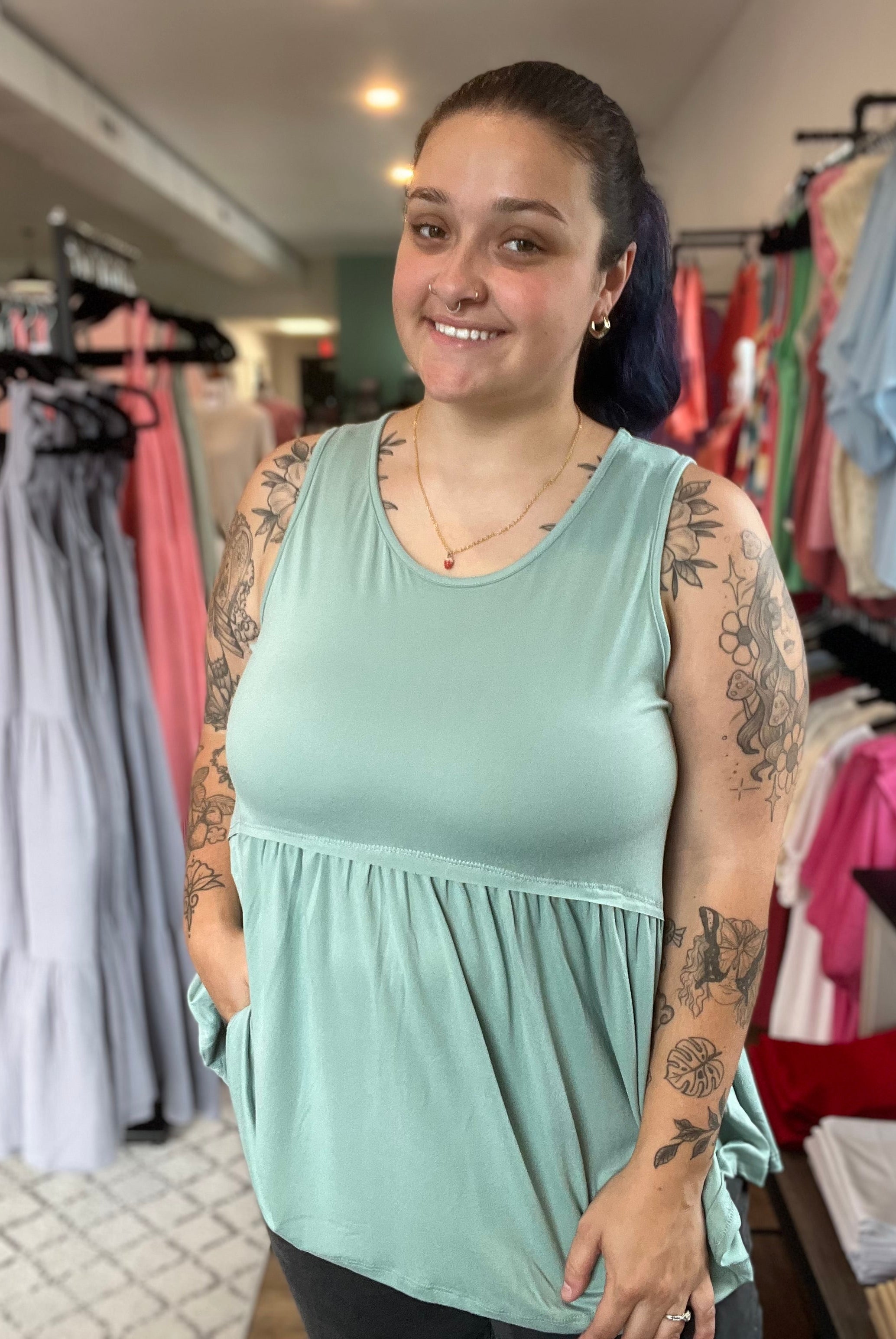 Shop Lina Babydoll Tank - Aloe-Tank Top at Ruby Joy Boutique, a Women's Clothing Store in Pickerington, Ohio