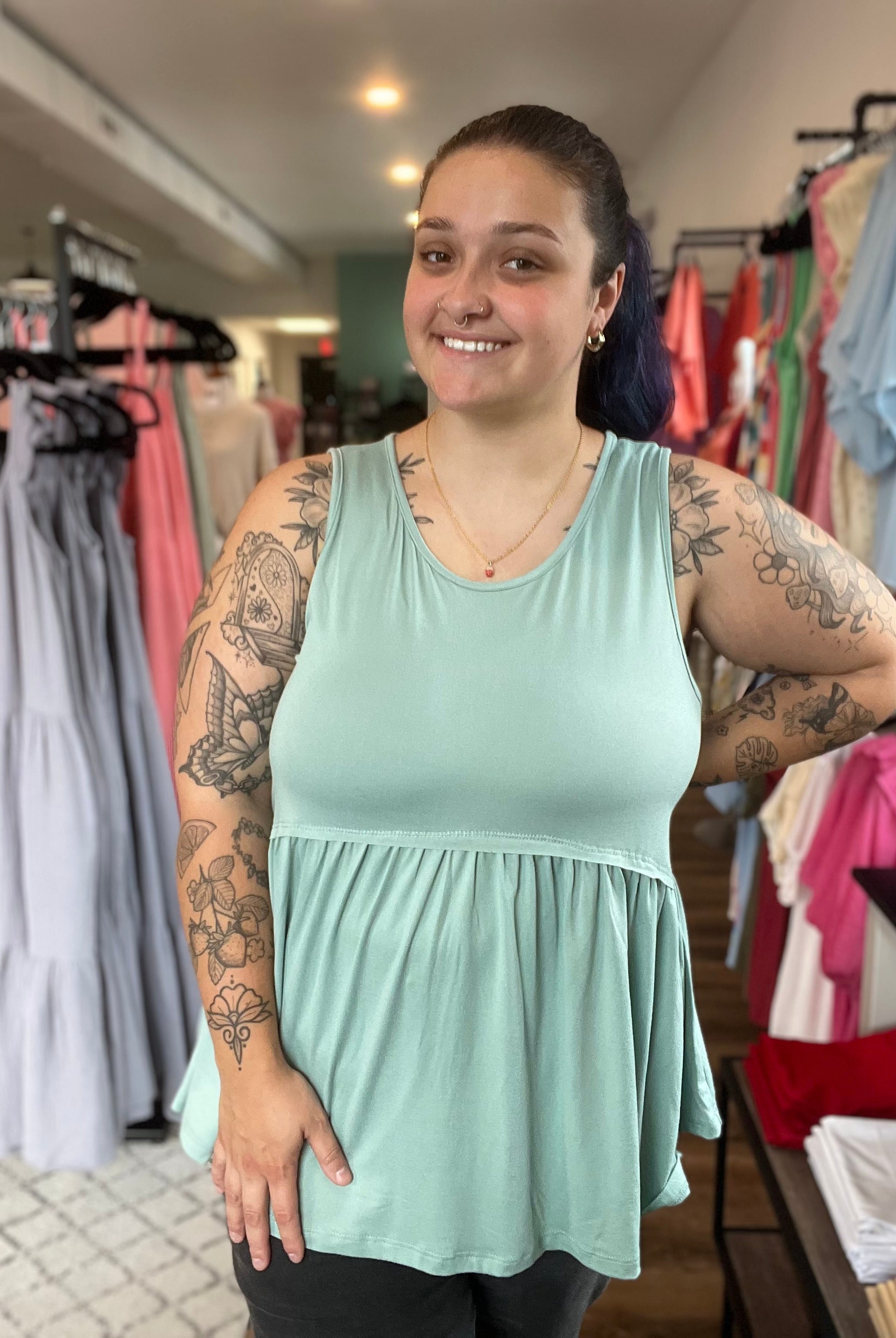 Shop Lina Babydoll Tank - Aloe-Tank Top at Ruby Joy Boutique, a Women's Clothing Store in Pickerington, Ohio