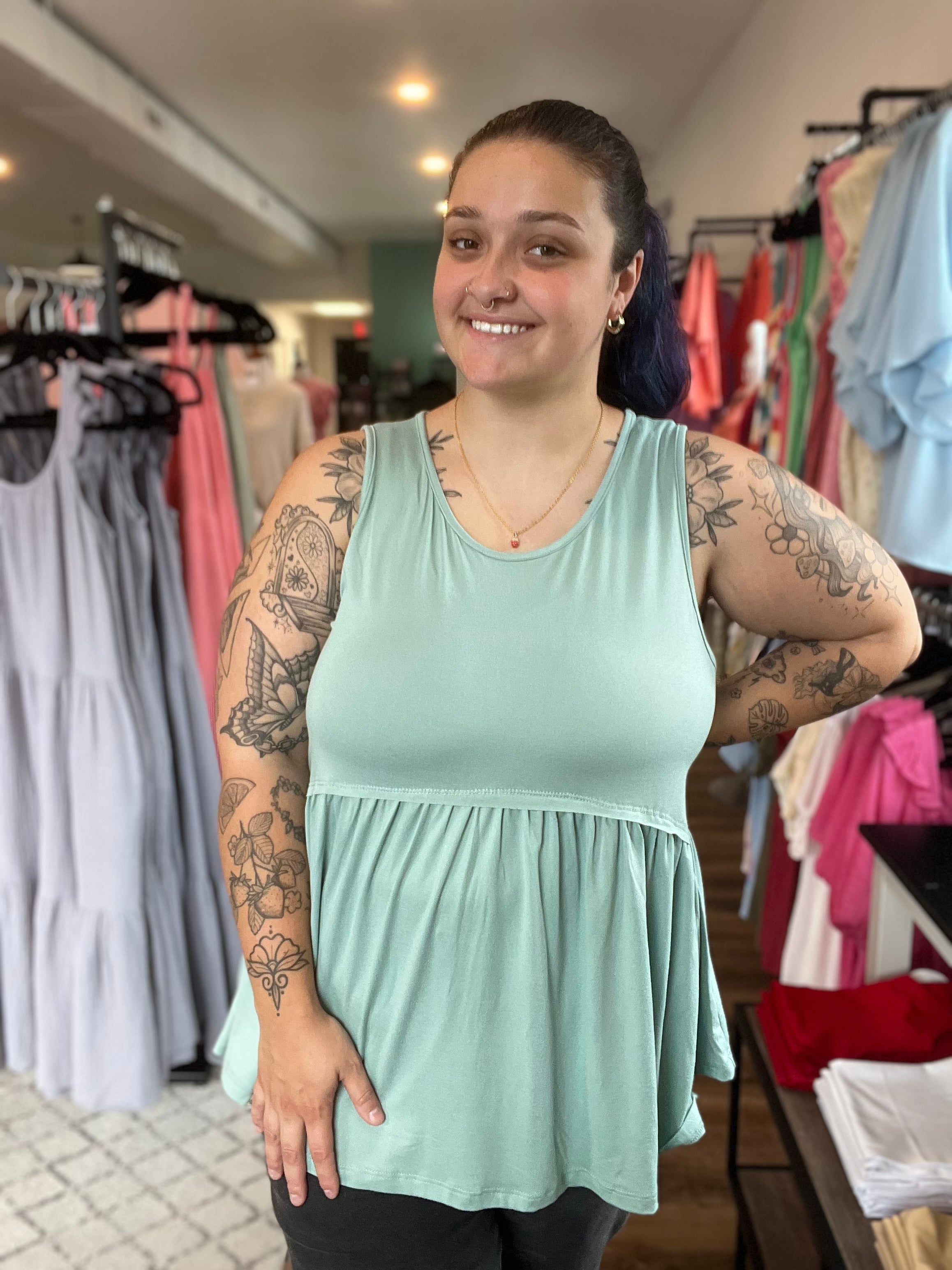 Shop Lina Babydoll Tank - Aloe-Tank Top at Ruby Joy Boutique, a Women's Clothing Store in Pickerington, Ohio