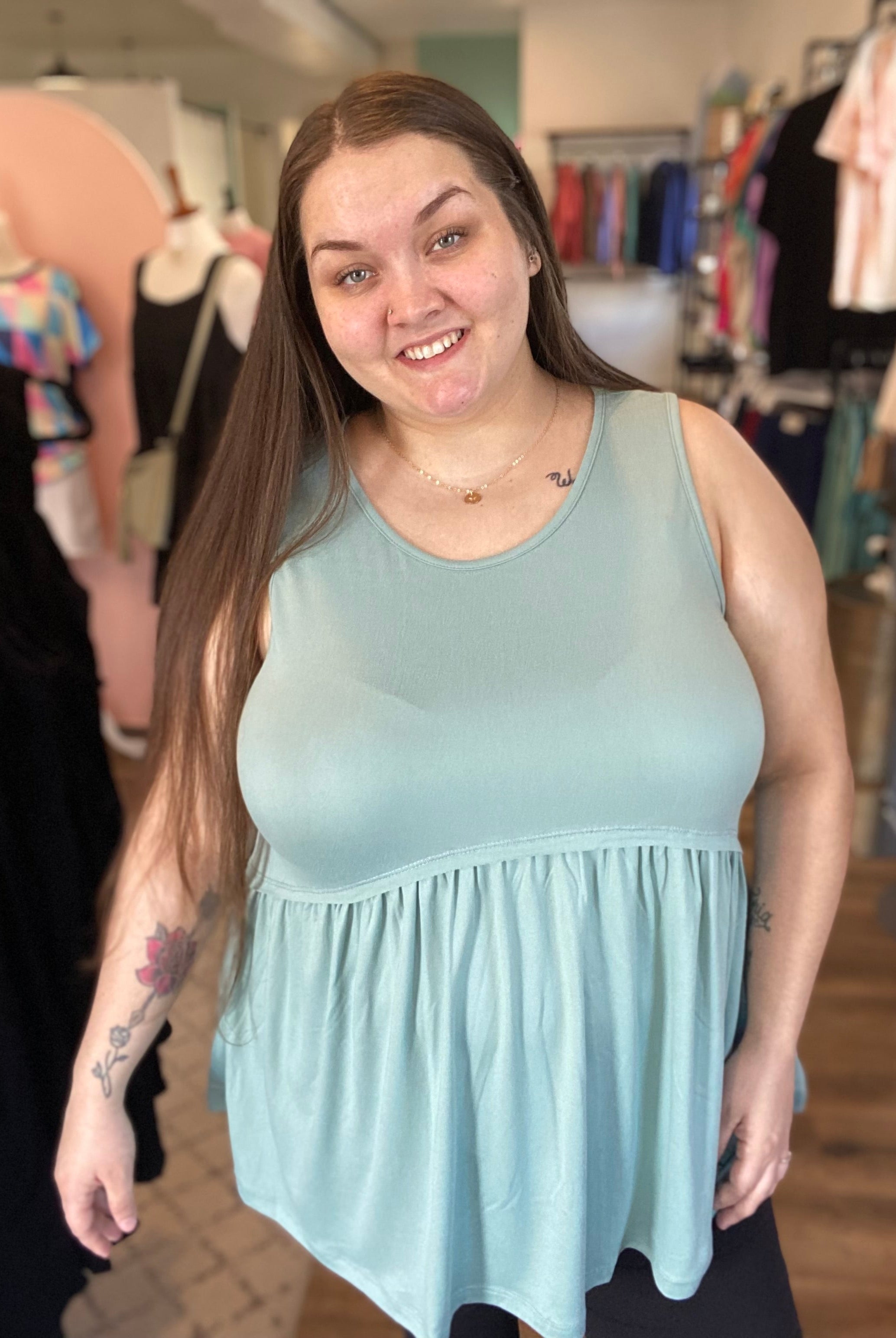 Shop Lina Babydoll Tank - Aloe-Tank Top at Ruby Joy Boutique, a Women's Clothing Store in Pickerington, Ohio