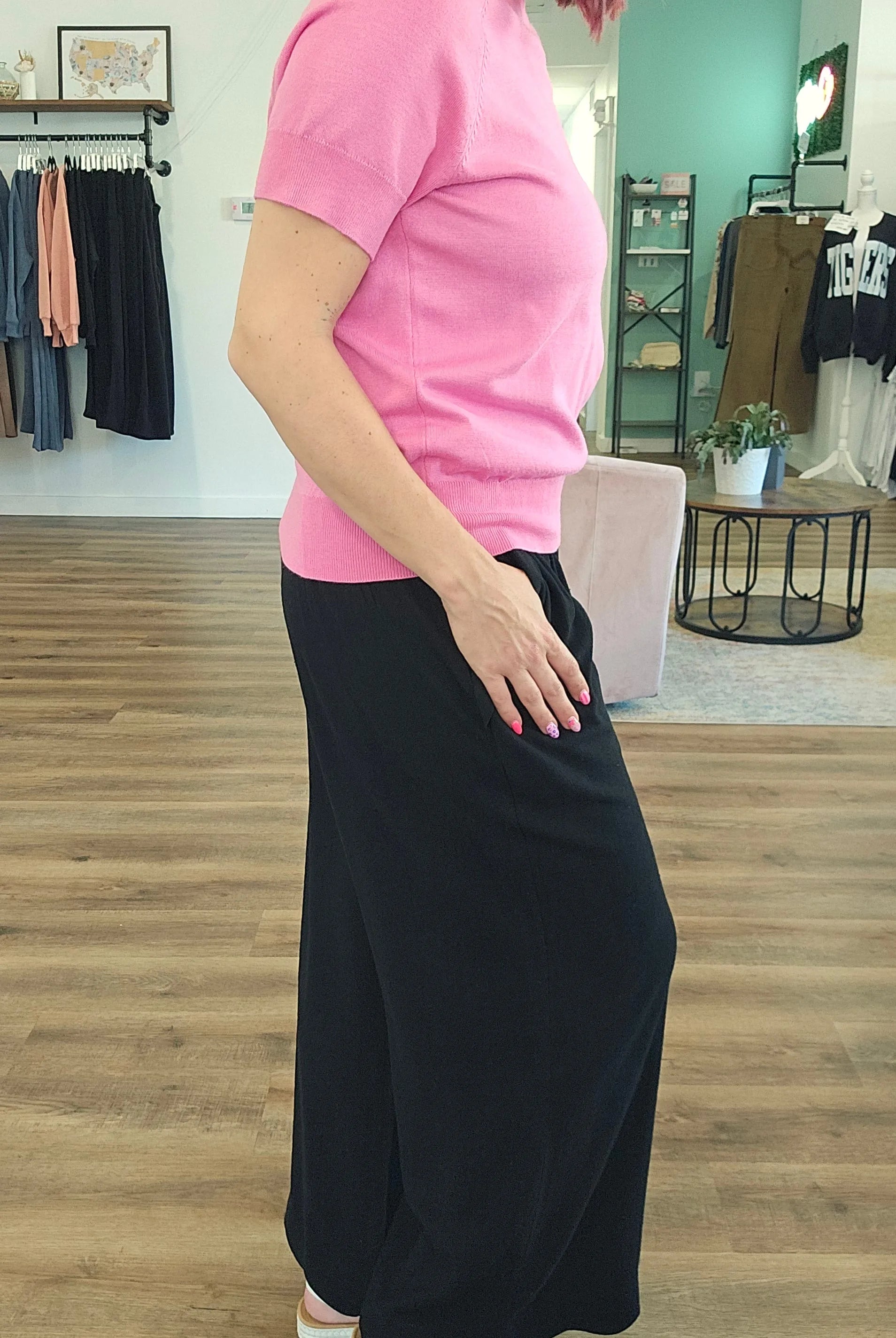 Shop Linen Blend Scallop Hem Wide Leg Pants - Black- at Ruby Joy Boutique, a Women's Clothing Store in Pickerington, Ohio